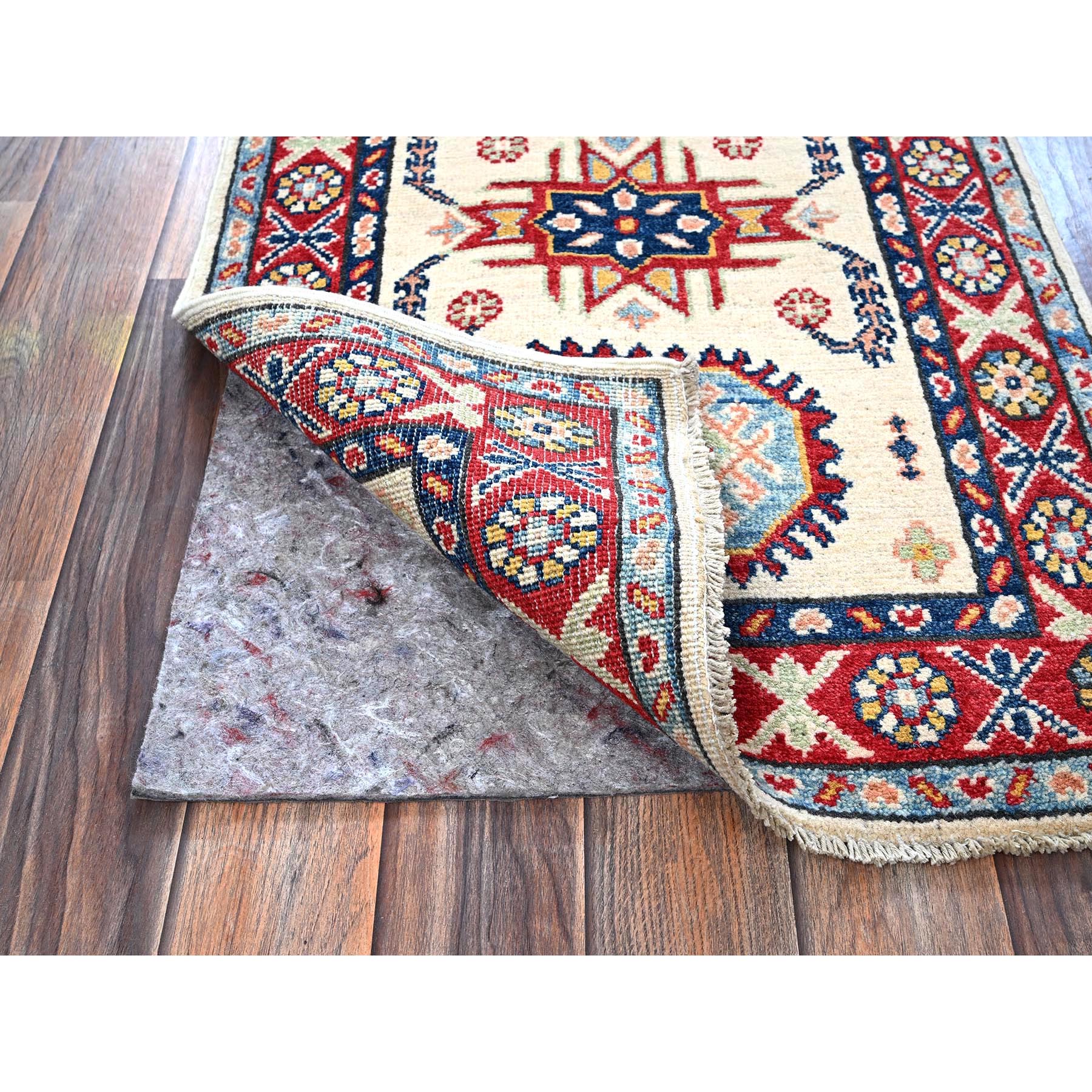 2'x3'1" Tofu White, Kazak with Geometric Pattern, Soft and Shiny Wool, Vegetable Dyes, Hand Knotted, Denser Weave, Sample, Mat, Oriental Rug Sh366
