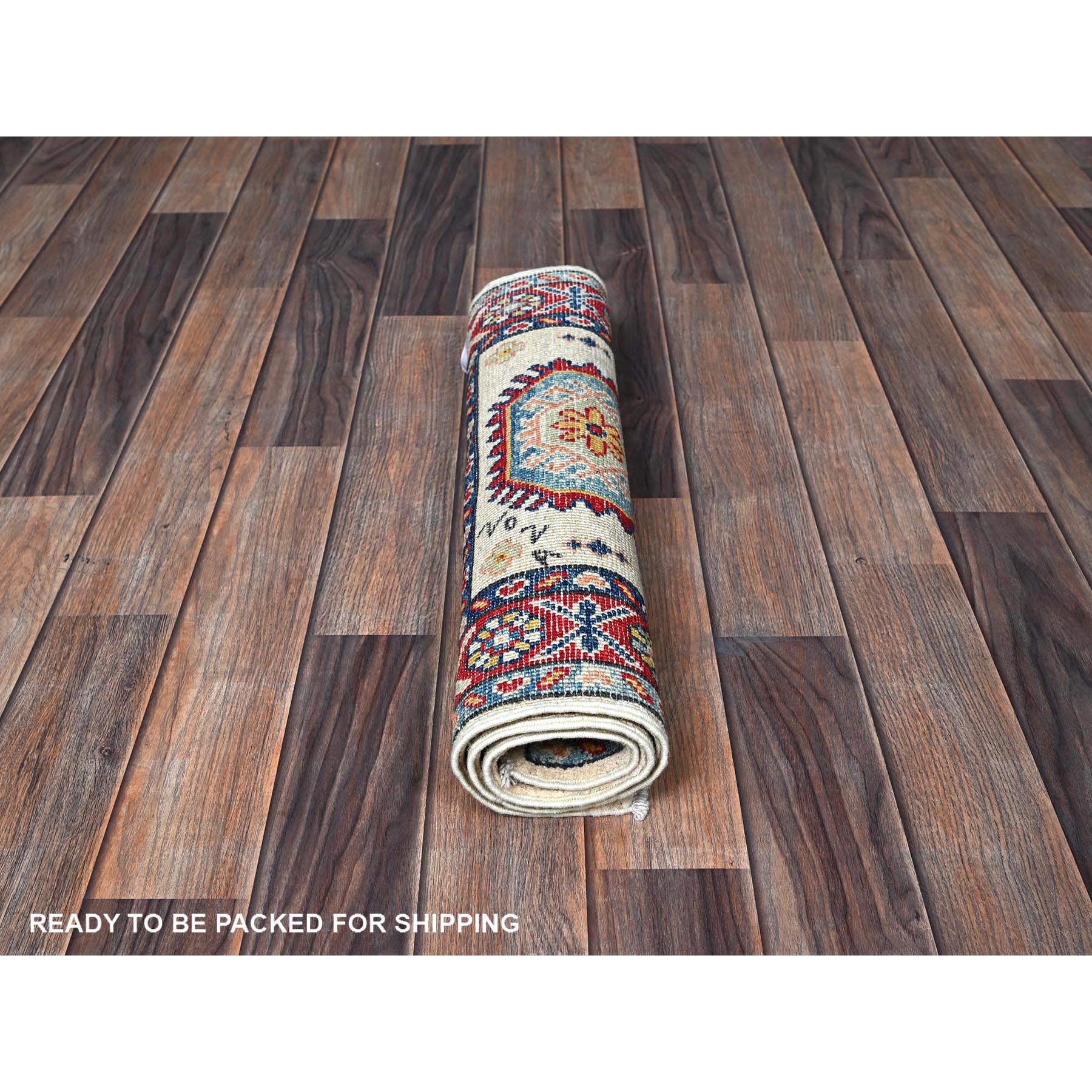 2'x3'1" Tofu White, Kazak with Geometric Pattern, Soft and Shiny Wool, Vegetable Dyes, Hand Knotted, Denser Weave, Sample, Mat, Oriental Rug Sh366