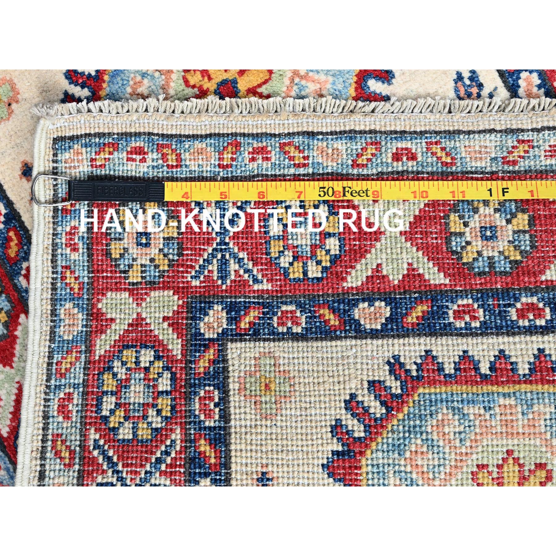 2'x3'1" Tofu White, Kazak with Geometric Pattern, Soft and Shiny Wool, Vegetable Dyes, Hand Knotted, Denser Weave, Sample, Mat, Oriental Rug Sh366