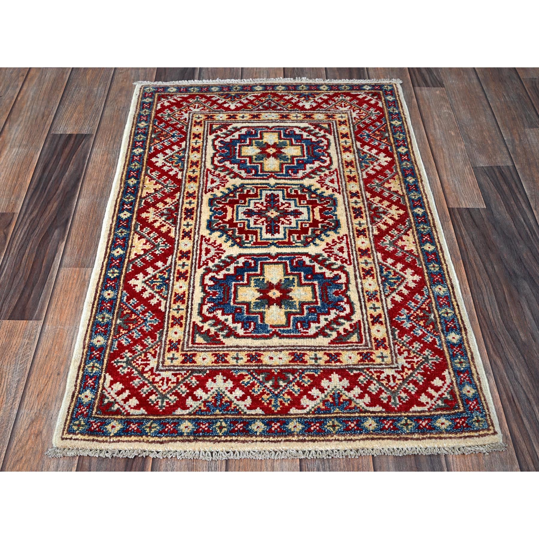 2'x3' Chiffon White, Colorful Kazak with Geometric Medallions Design, Vegetable Dyes, Soft and Vibrant Wool, Hand Knotted, Denser Weave, Sample, Mat, Oriental Rug Sh367