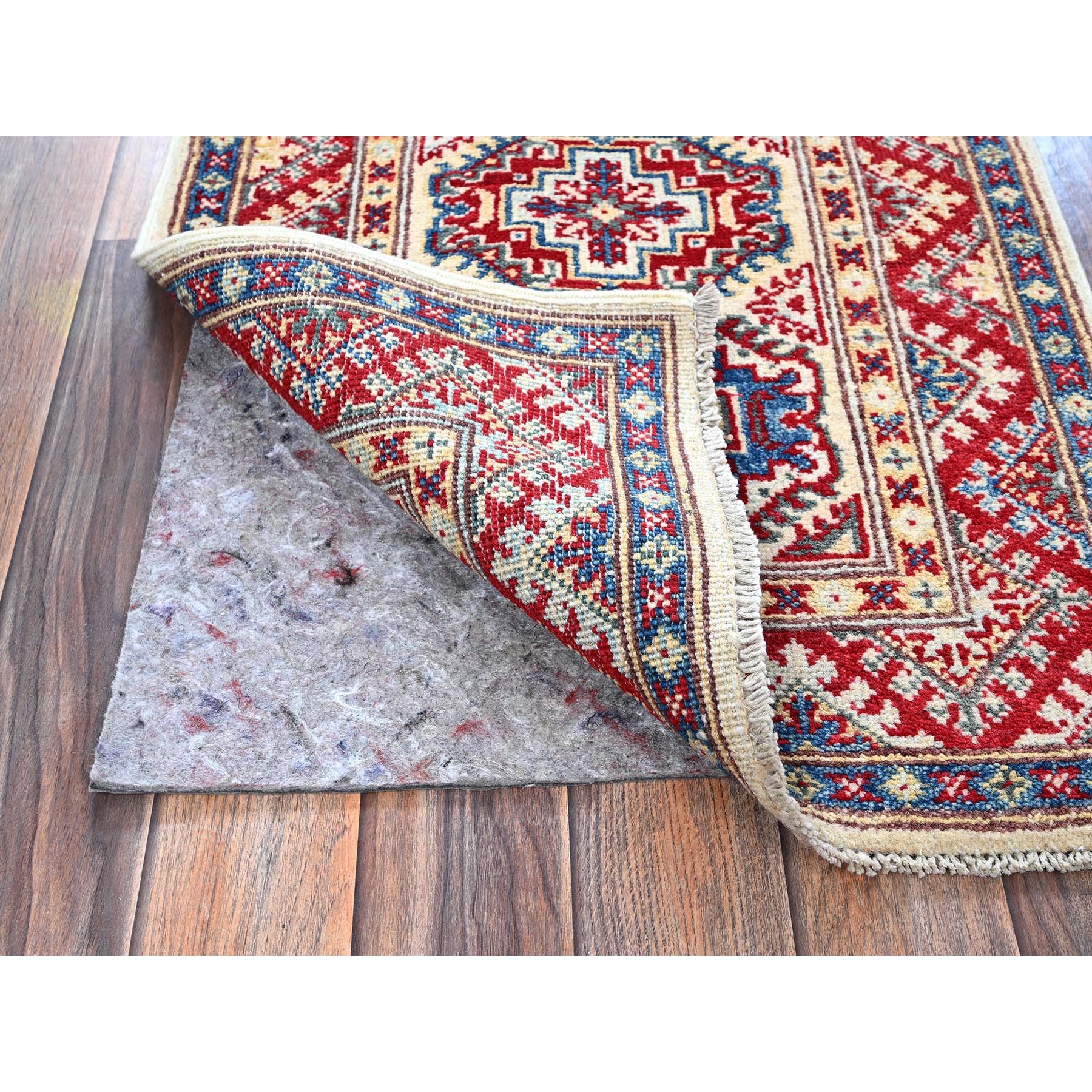 2'x3' Chiffon White, Colorful Kazak with Geometric Medallions Design, Vegetable Dyes, Soft and Vibrant Wool, Hand Knotted, Denser Weave, Sample, Mat, Oriental Rug Sh367