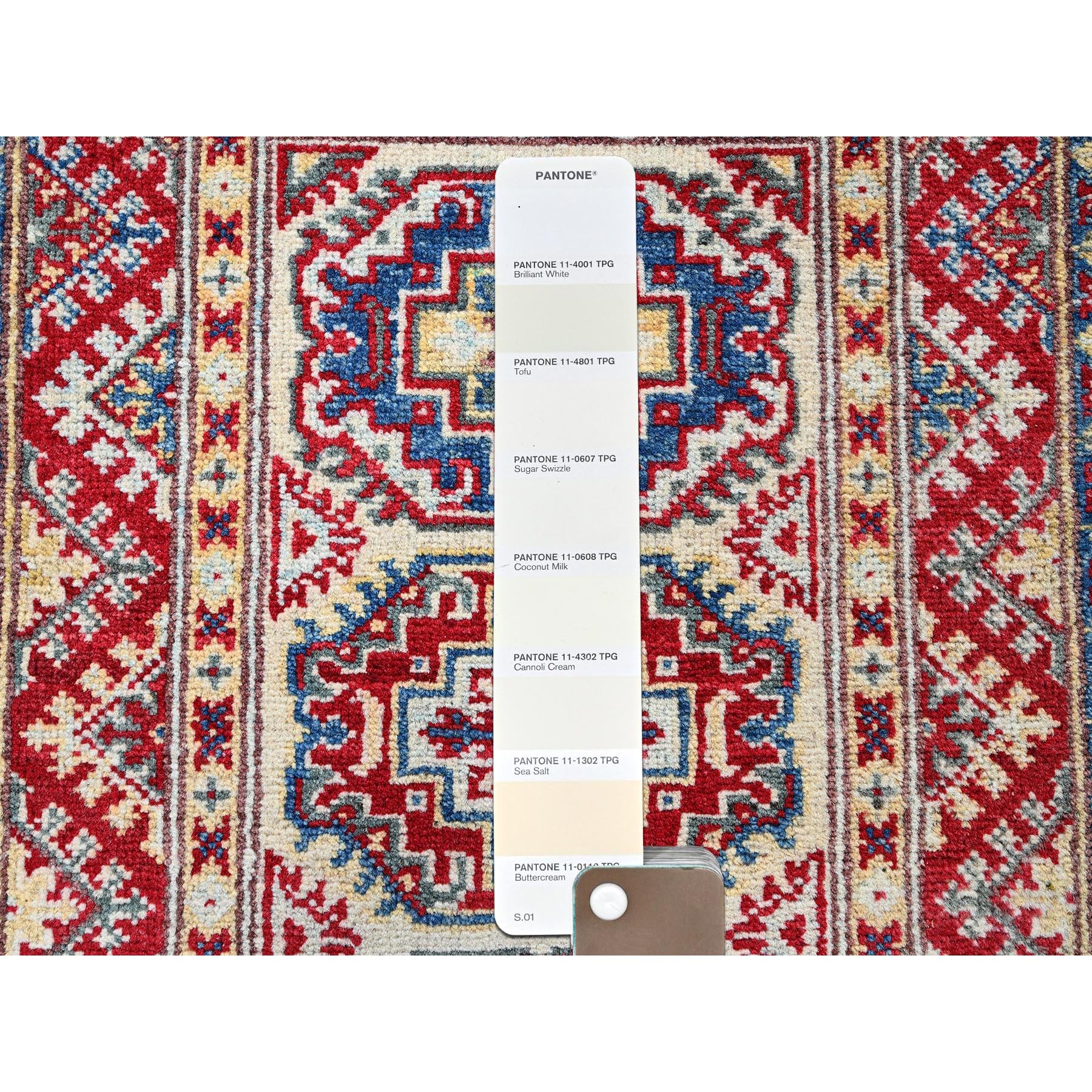 2'x3' Chiffon White, Colorful Kazak with Geometric Medallions Design, Vegetable Dyes, Soft and Vibrant Wool, Hand Knotted, Denser Weave, Sample, Mat, Oriental Rug Sh367
