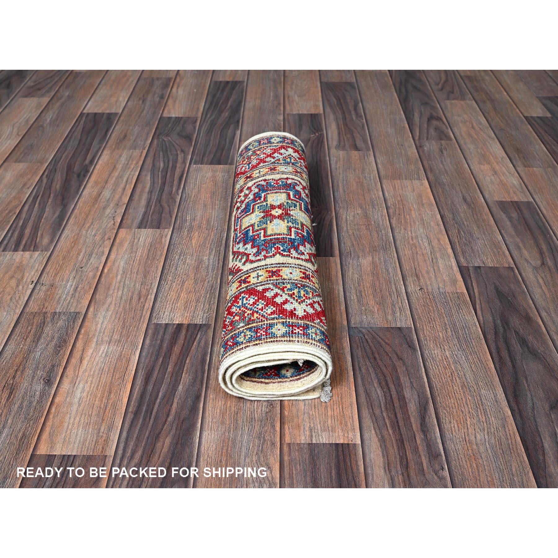2'x3' Chiffon White, Colorful Kazak with Geometric Medallions Design, Vegetable Dyes, Soft and Vibrant Wool, Hand Knotted, Denser Weave, Sample, Mat, Oriental Rug Sh367