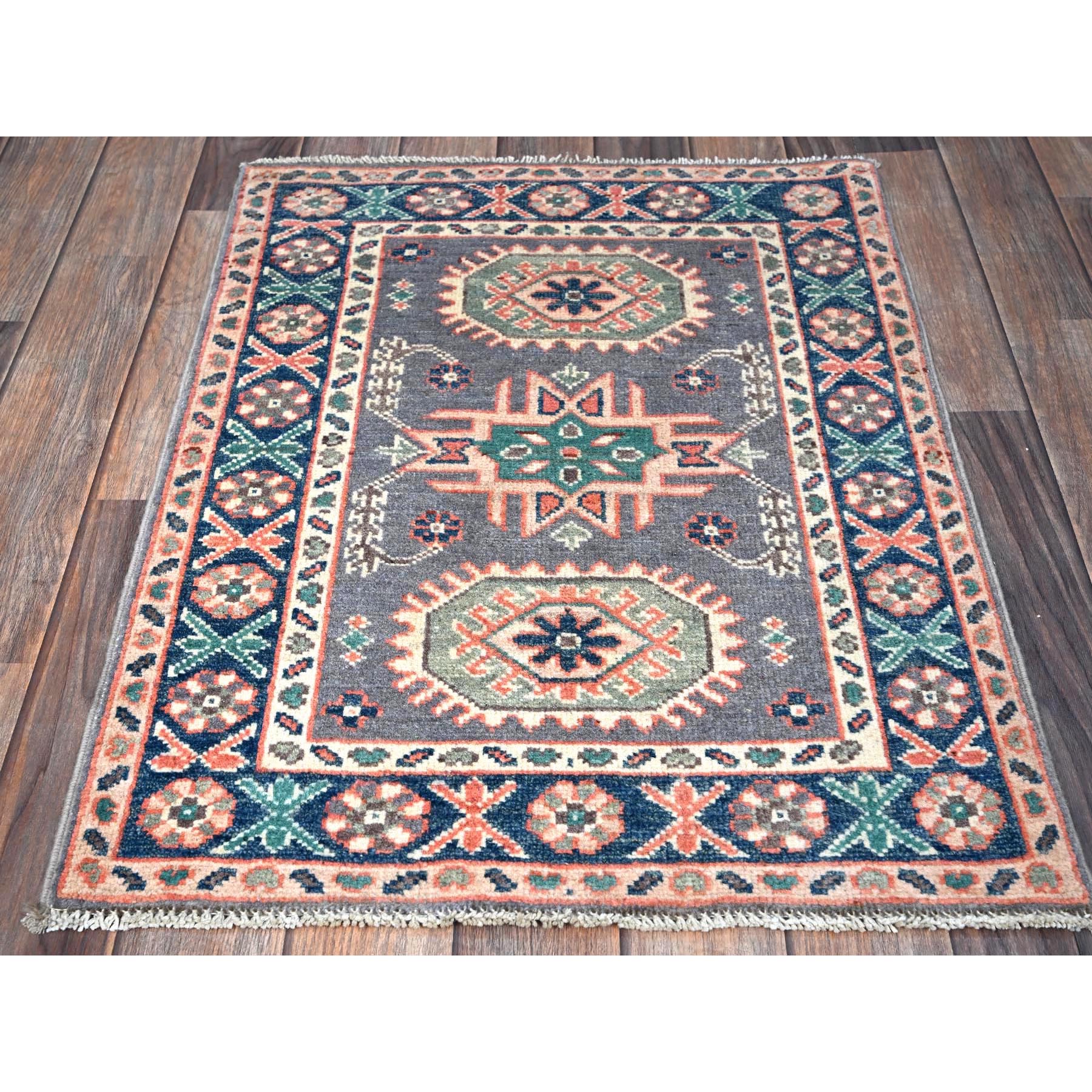 2'x2'8" Pewter Gray, Kazak with Geometric Pattern, Soft and Shiny Wool, Hand Knotted, Vegetable Dyes, Denser Weave, Sample, Mat, Oriental Rug Sh368