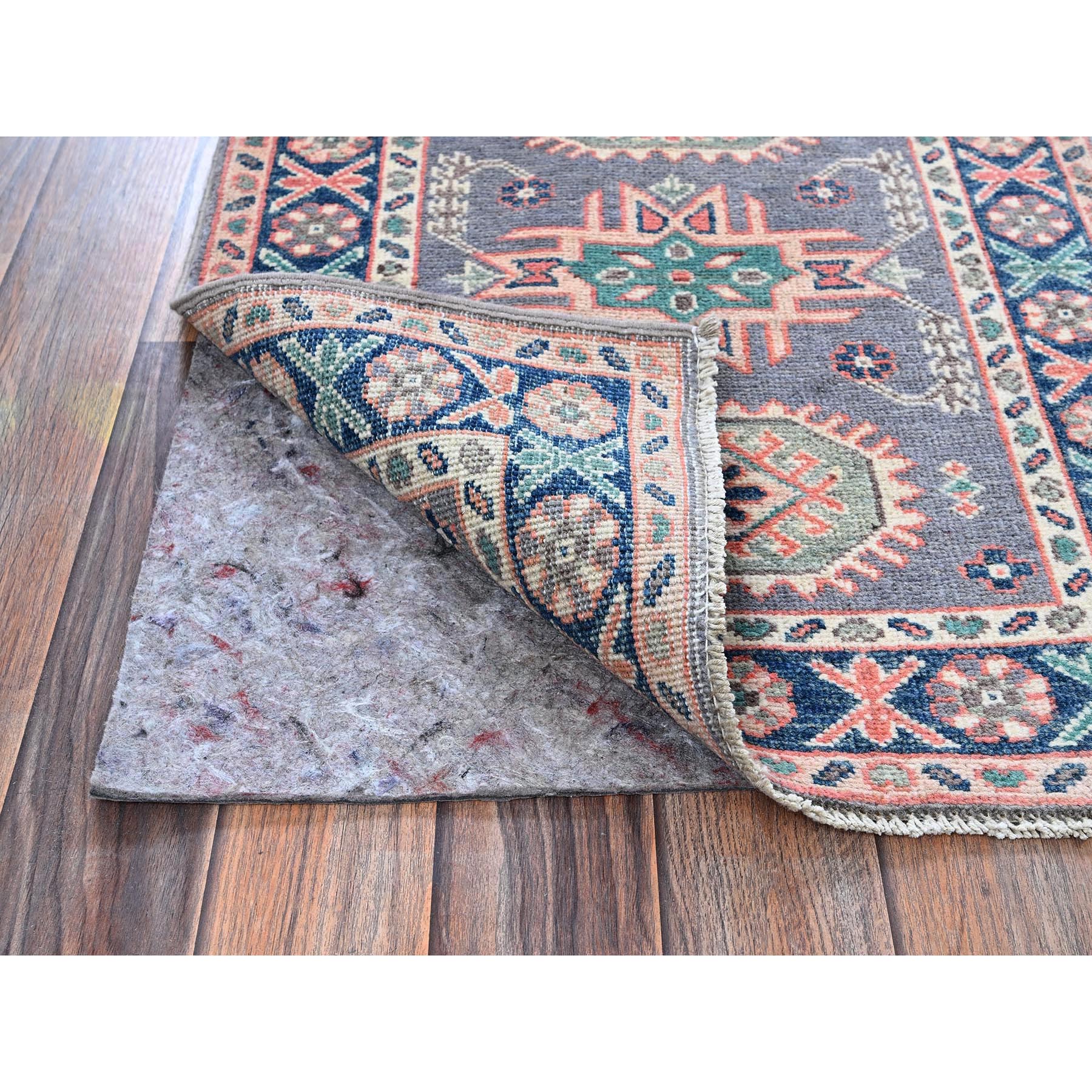 2'x2'8" Pewter Gray, Kazak with Geometric Pattern, Soft and Shiny Wool, Hand Knotted, Vegetable Dyes, Denser Weave, Sample, Mat, Oriental Rug Sh368