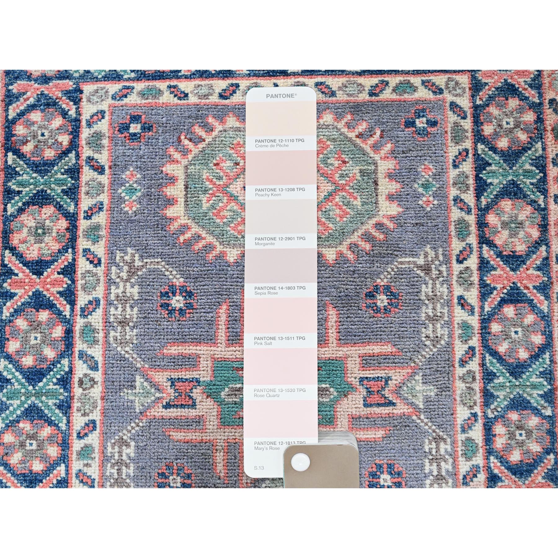 2'x2'8" Pewter Gray, Kazak with Geometric Pattern, Soft and Shiny Wool, Hand Knotted, Vegetable Dyes, Denser Weave, Sample, Mat, Oriental Rug Sh368