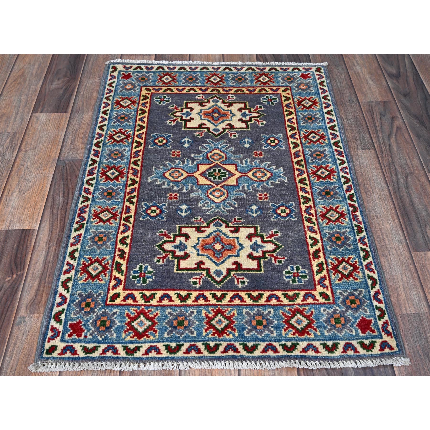 2'x3' Lilac Gray, Kazak with Geometric Medallions Design, Vegetable Dyes, Hand Knotted, Soft Wool, Denser Weave, Sample, Mat, Oriental Rug Sh369
