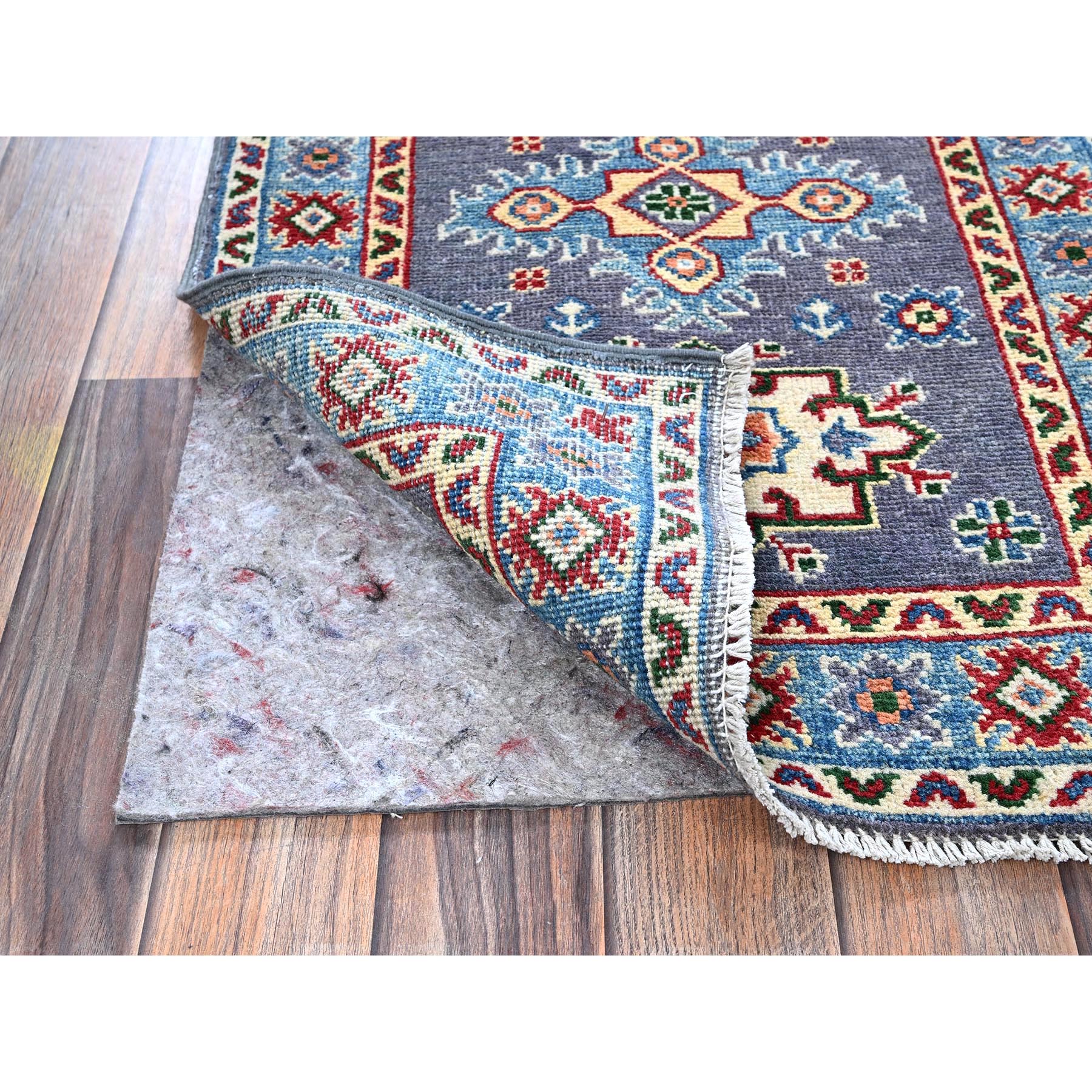 2'x3' Lilac Gray, Kazak with Geometric Medallions Design, Vegetable Dyes, Hand Knotted, Soft Wool, Denser Weave, Sample, Mat, Oriental Rug Sh369