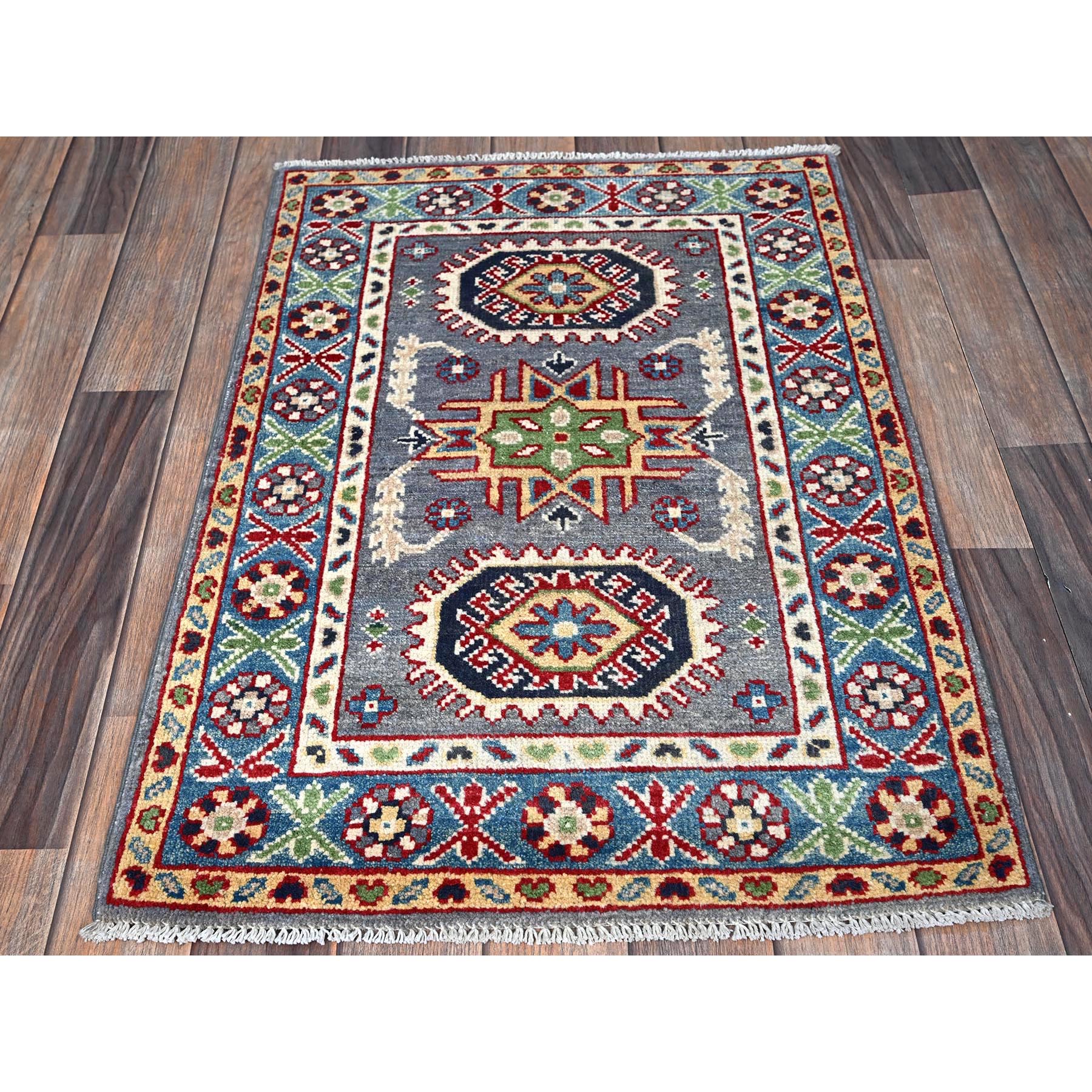 2'1"x3' Pewter Gray, Kazak with Geometric Medallions Design, Hand Knotted, Soft Wool, Vegetable Dyes, Denser Weave, Sample, Mat, Oriental Rug Sh370
