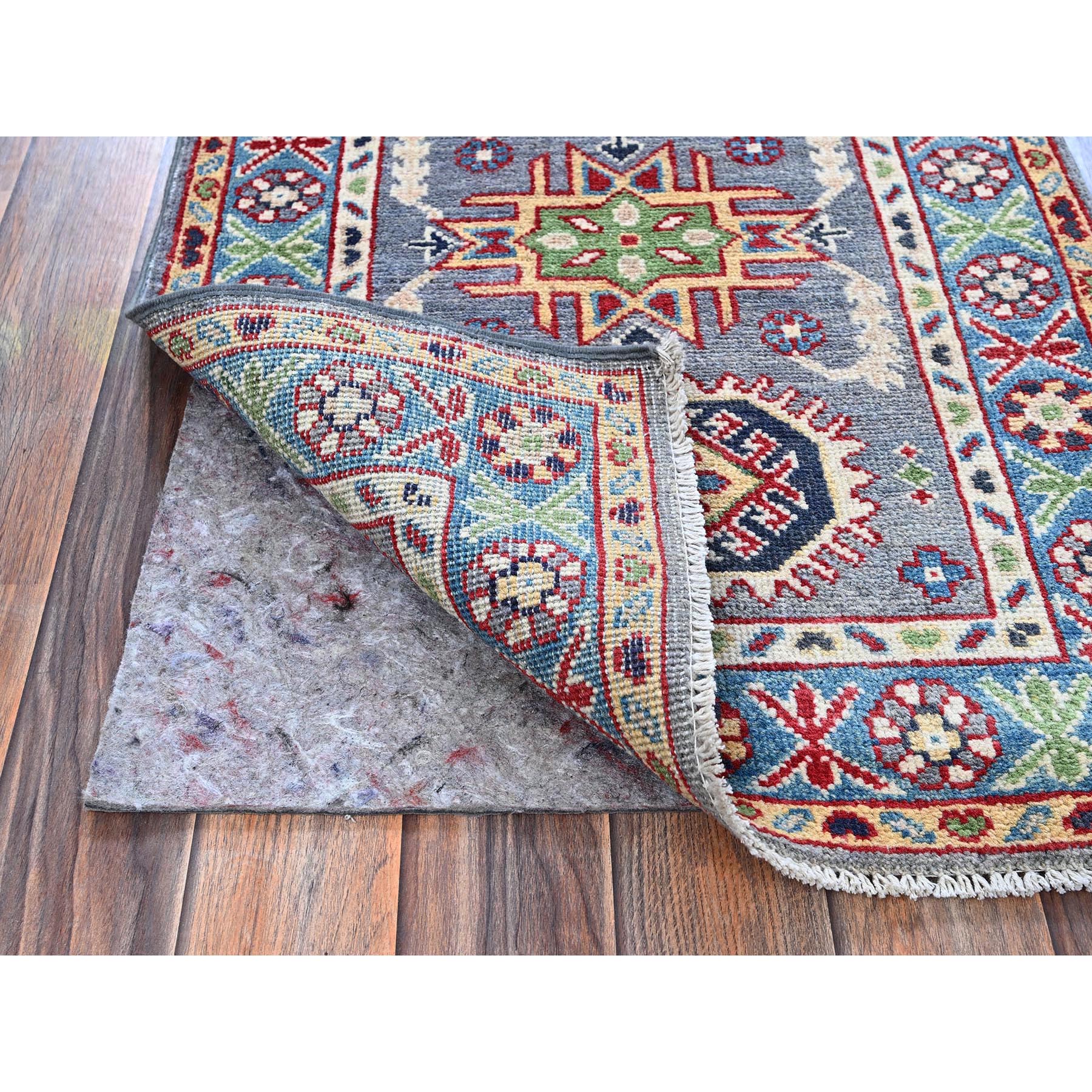 2'1"x3' Pewter Gray, Kazak with Geometric Medallions Design, Hand Knotted, Soft Wool, Vegetable Dyes, Denser Weave, Sample, Mat, Oriental Rug Sh370