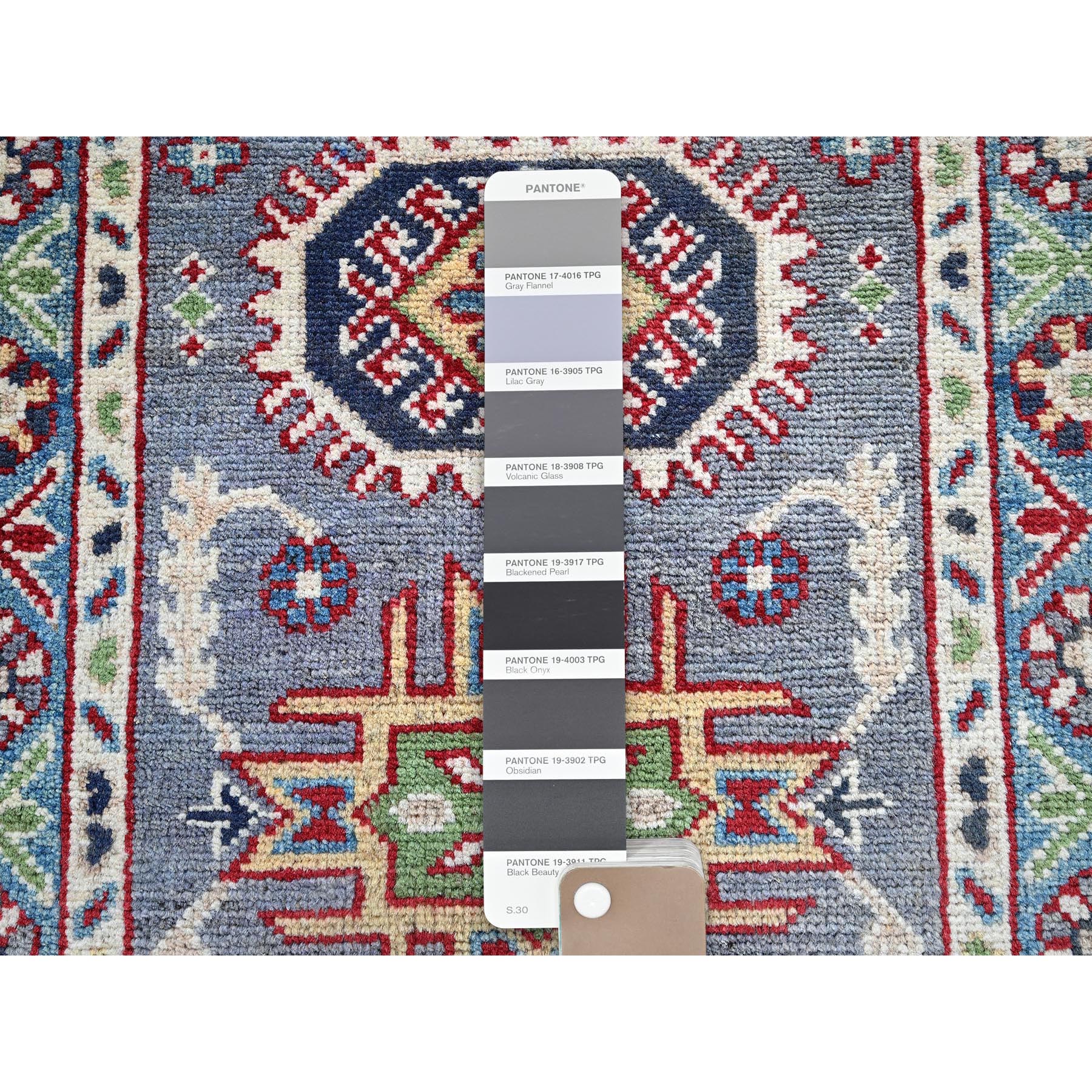 2'1"x3' Pewter Gray, Kazak with Geometric Medallions Design, Hand Knotted, Soft Wool, Vegetable Dyes, Denser Weave, Sample, Mat, Oriental Rug Sh370