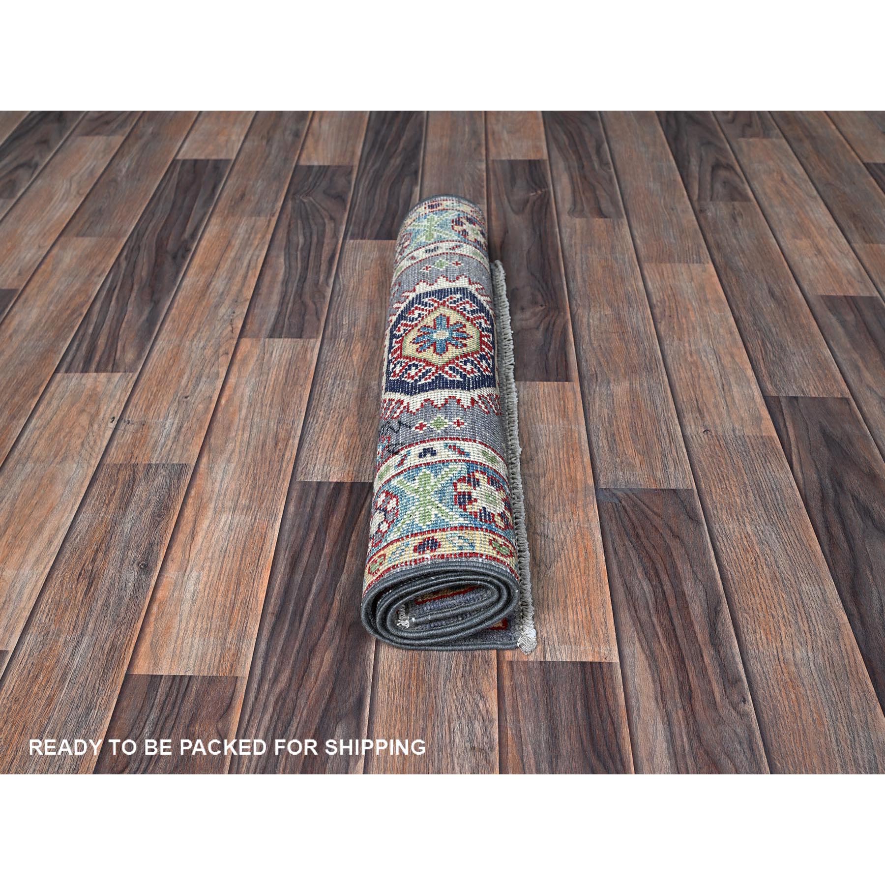 2'1"x3' Pewter Gray, Kazak with Geometric Medallions Design, Hand Knotted, Soft Wool, Vegetable Dyes, Denser Weave, Sample, Mat, Oriental Rug Sh370