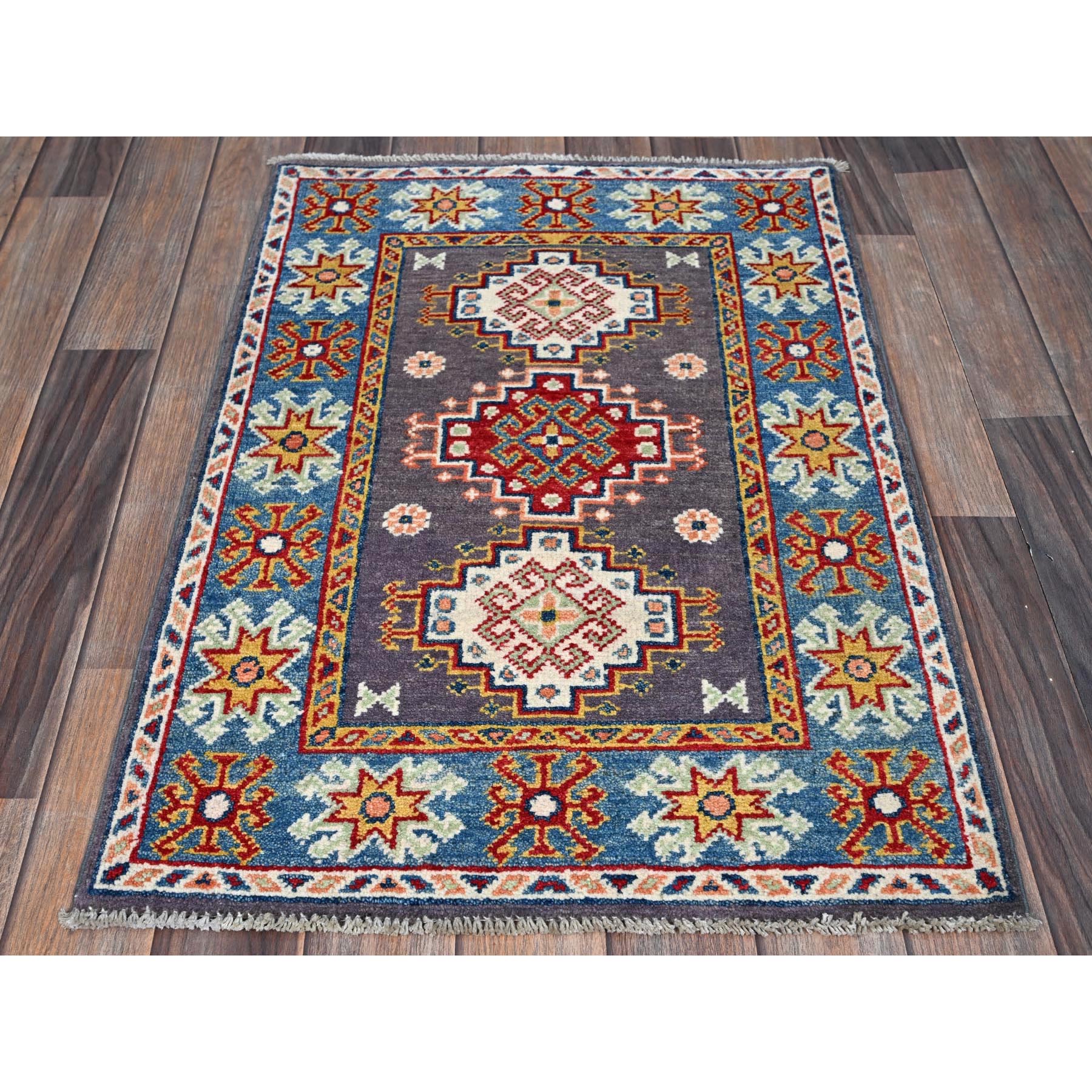2'1"x2'10" Quail Gray, Kazak with Geometric Medallions Design, Hand Knotted, Soft Wool, Vegetable Dyes, Denser Weave, Mat, Sample, Oriental Rug Sh371