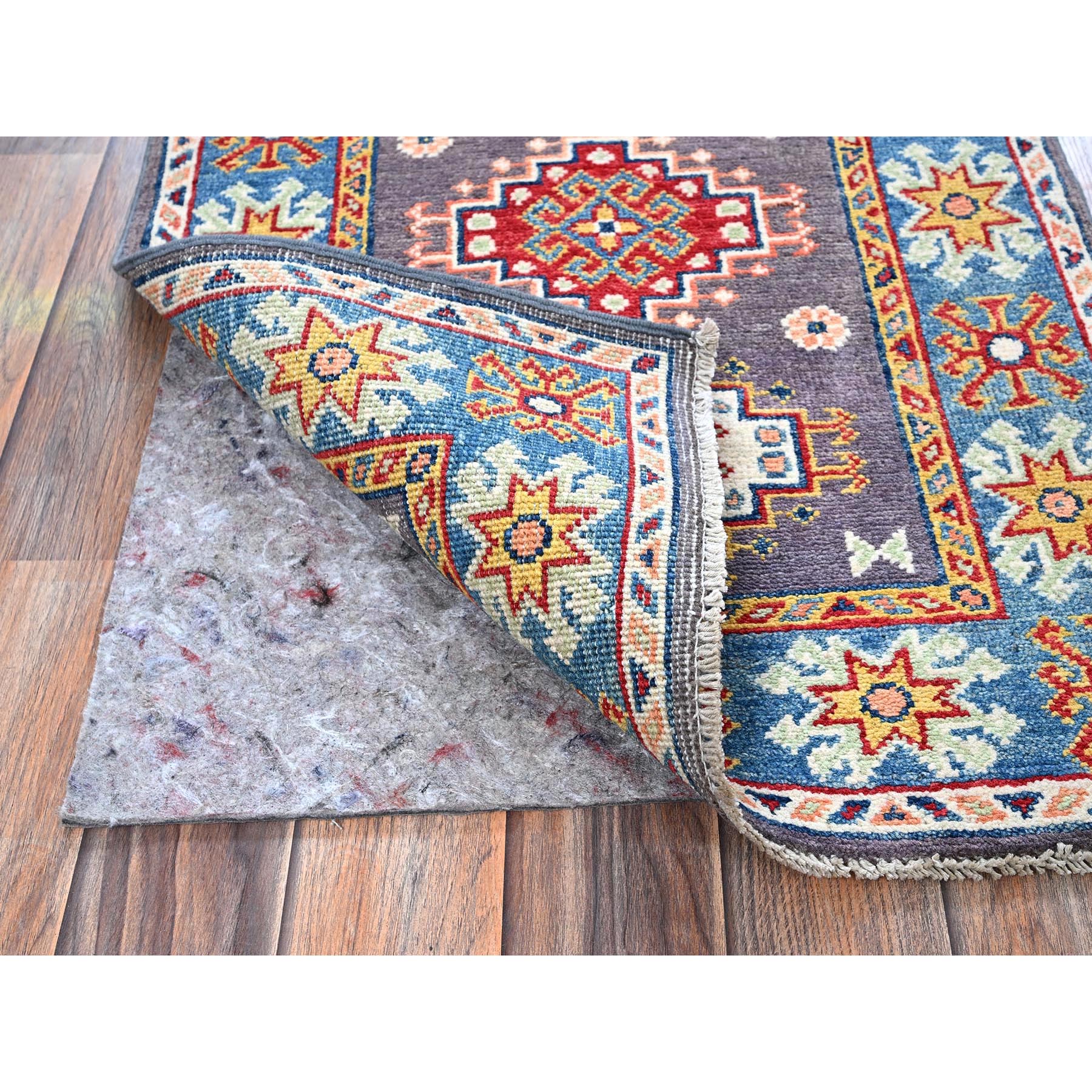 2'1"x2'10" Quail Gray, Kazak with Geometric Medallions Design, Hand Knotted, Soft Wool, Vegetable Dyes, Denser Weave, Mat, Sample, Oriental Rug Sh371