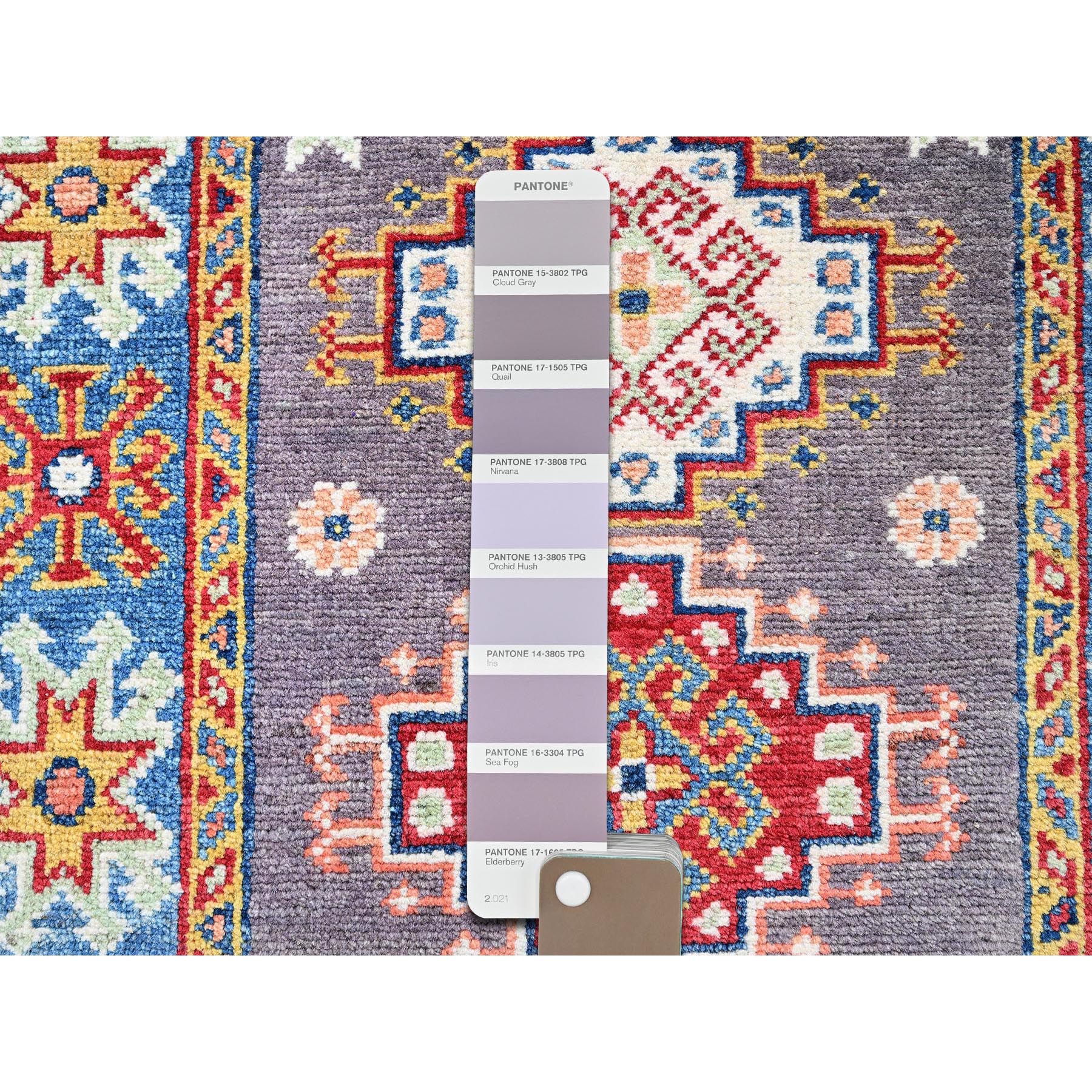 2'1"x2'10" Quail Gray, Kazak with Geometric Medallions Design, Hand Knotted, Soft Wool, Vegetable Dyes, Denser Weave, Mat, Sample, Oriental Rug Sh371