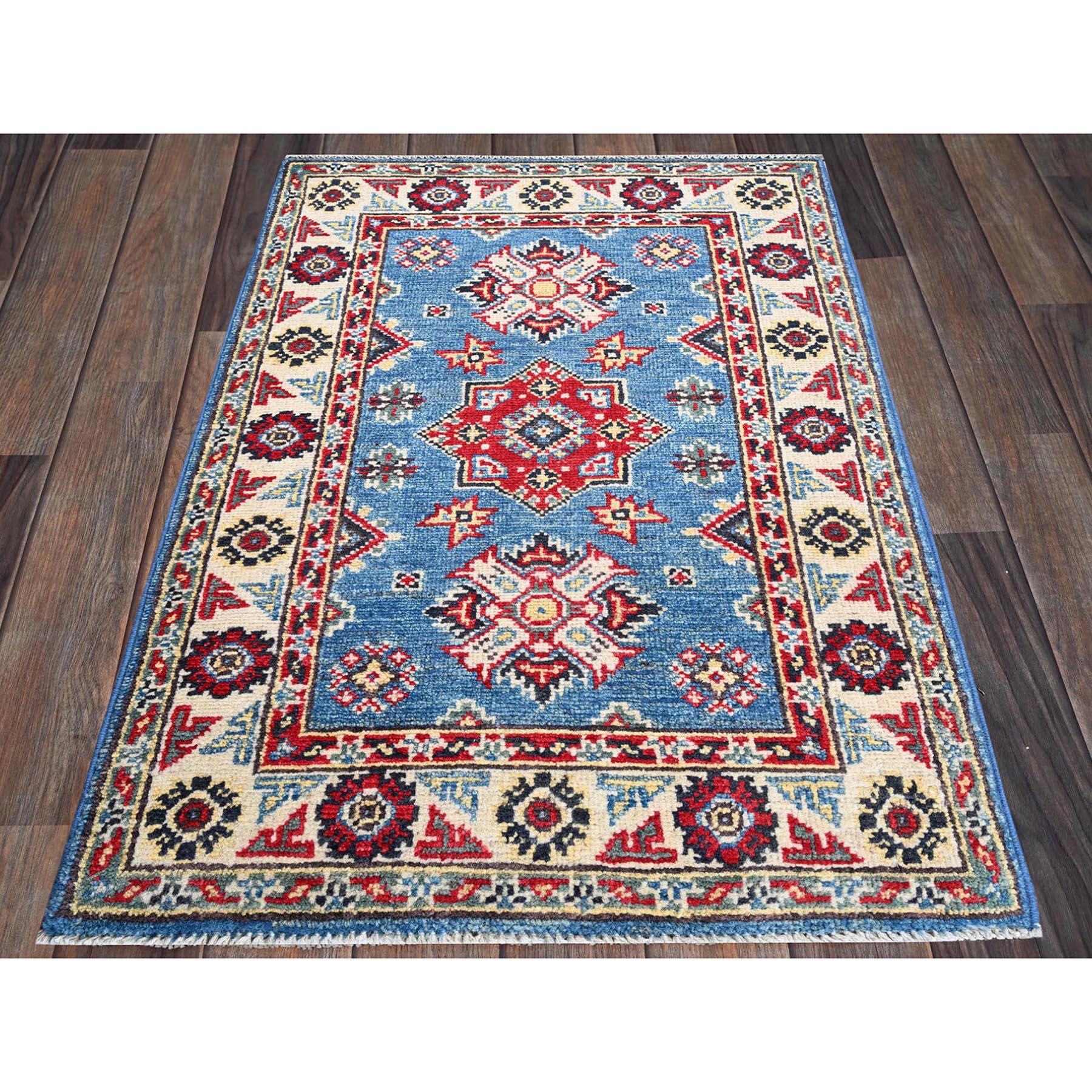 2'x3' Carolina Blue, Kazak with Geometric Medallions Design, Vegetable Dyes, Hand Knotted, Soft and Shiny Wool, Denser Weave, Sample, Mat, Oriental Rug Sh373