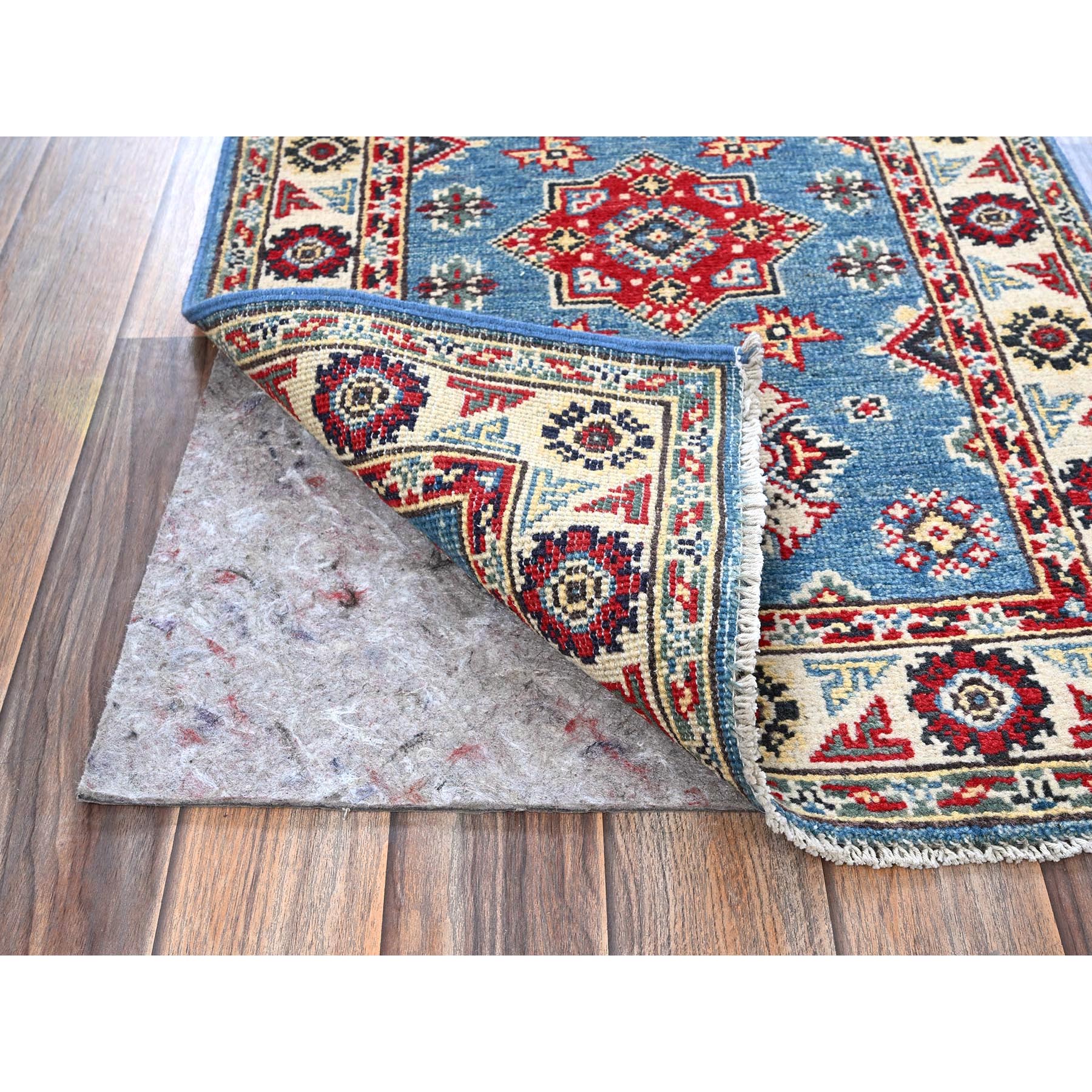 2'x3' Carolina Blue, Kazak with Geometric Medallions Design, Vegetable Dyes, Hand Knotted, Soft and Shiny Wool, Denser Weave, Sample, Mat, Oriental Rug Sh373