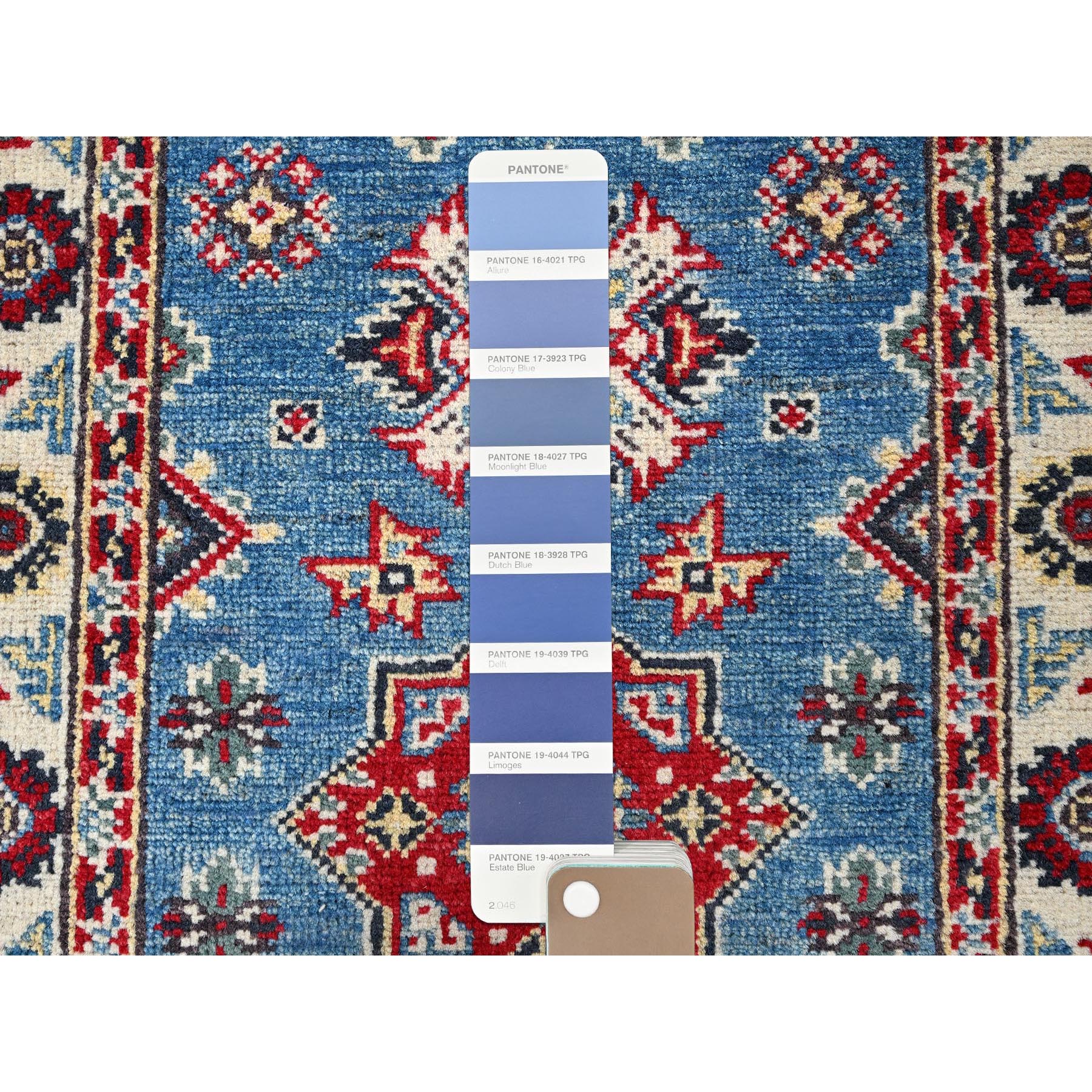 2'x3' Carolina Blue, Kazak with Geometric Medallions Design, Vegetable Dyes, Hand Knotted, Soft and Shiny Wool, Denser Weave, Sample, Mat, Oriental Rug Sh373