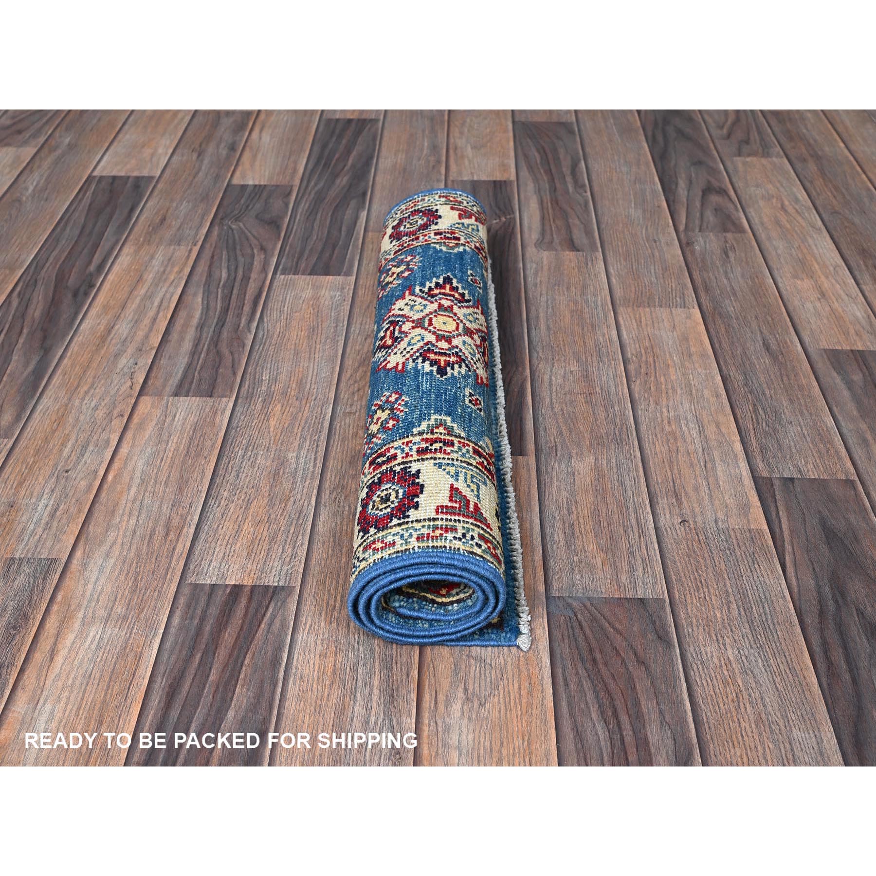 2'x3' Carolina Blue, Kazak with Geometric Medallions Design, Vegetable Dyes, Hand Knotted, Soft and Shiny Wool, Denser Weave, Sample, Mat, Oriental Rug Sh373