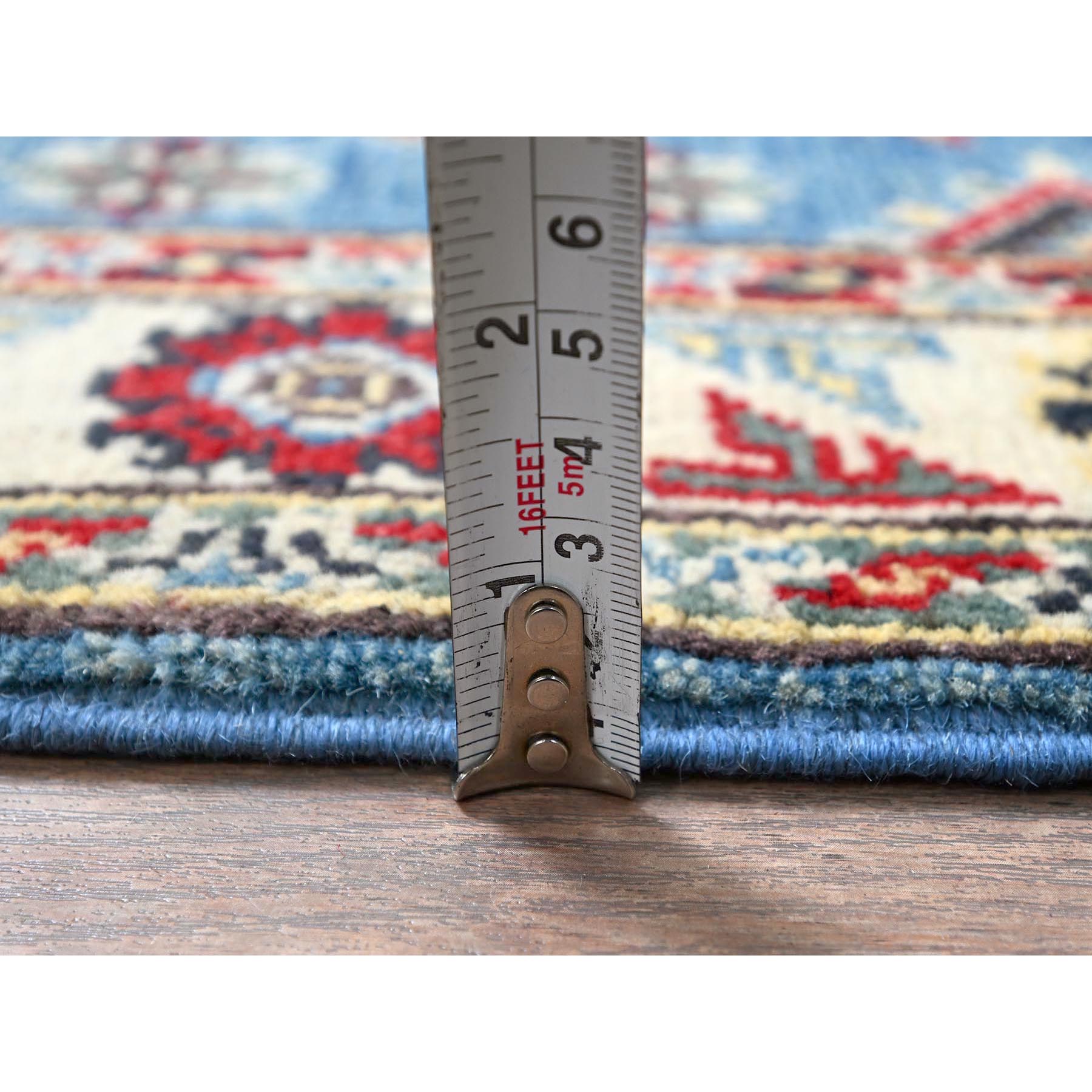 2'x3' Carolina Blue, Kazak with Geometric Medallions Design, Vegetable Dyes, Hand Knotted, Soft and Shiny Wool, Denser Weave, Sample, Mat, Oriental Rug Sh373