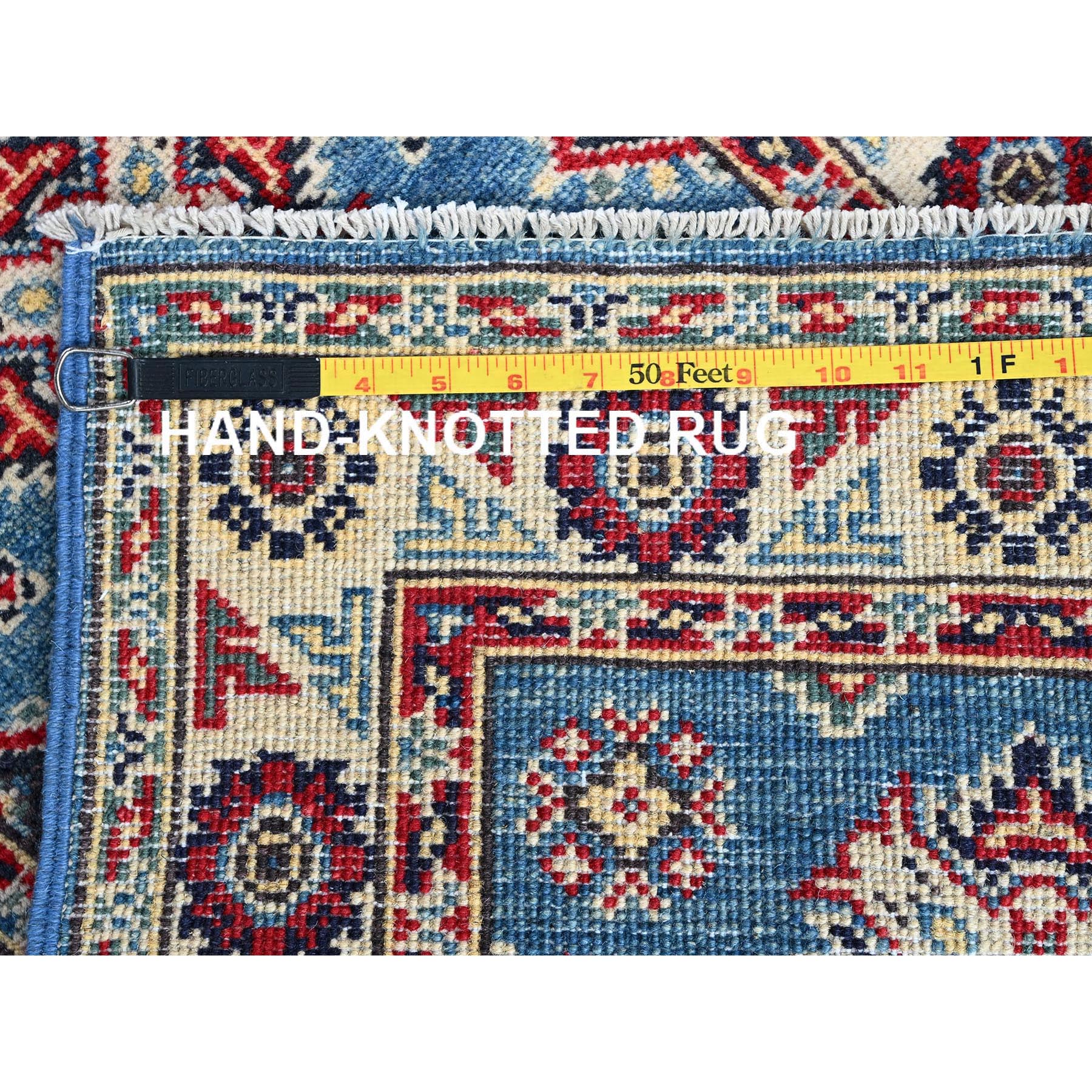 2'x3' Carolina Blue, Kazak with Geometric Medallions Design, Vegetable Dyes, Hand Knotted, Soft and Shiny Wool, Denser Weave, Sample, Mat, Oriental Rug Sh373