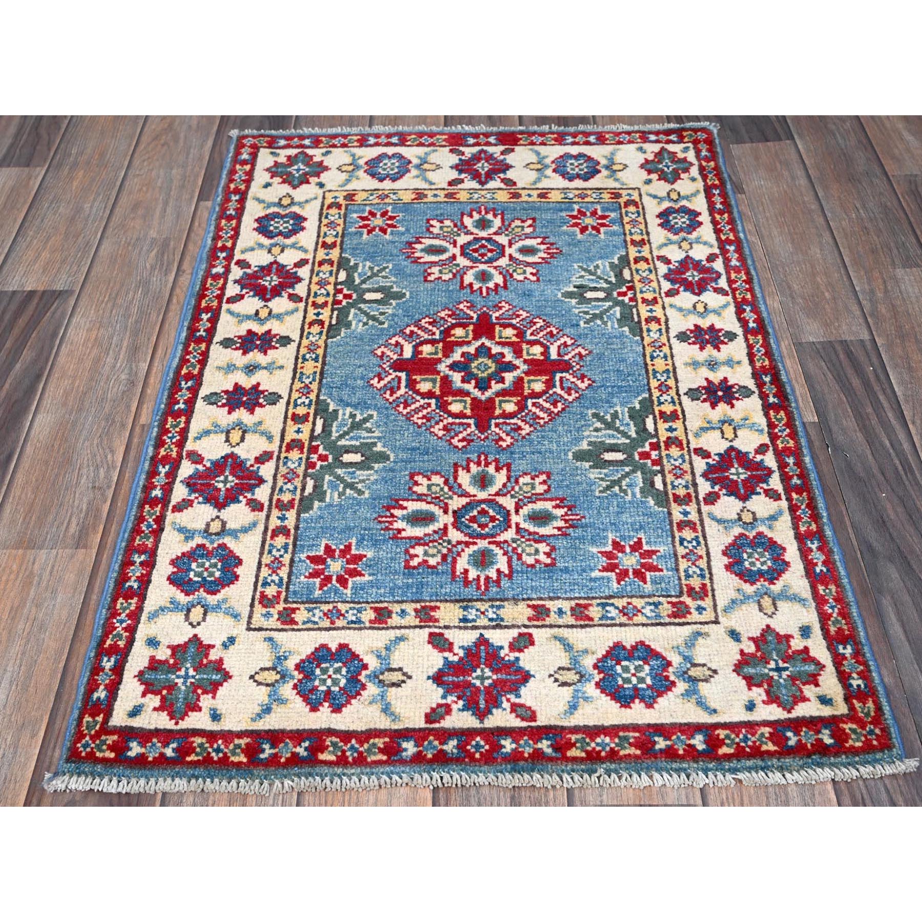 2'x3' Maya Blue, Kazak with Tribal Medallions Design, Hand Knotted, Vegetable Dyes, Soft Wool, Denser Weave, Sample, Mat, Oriental Rug Sh375
