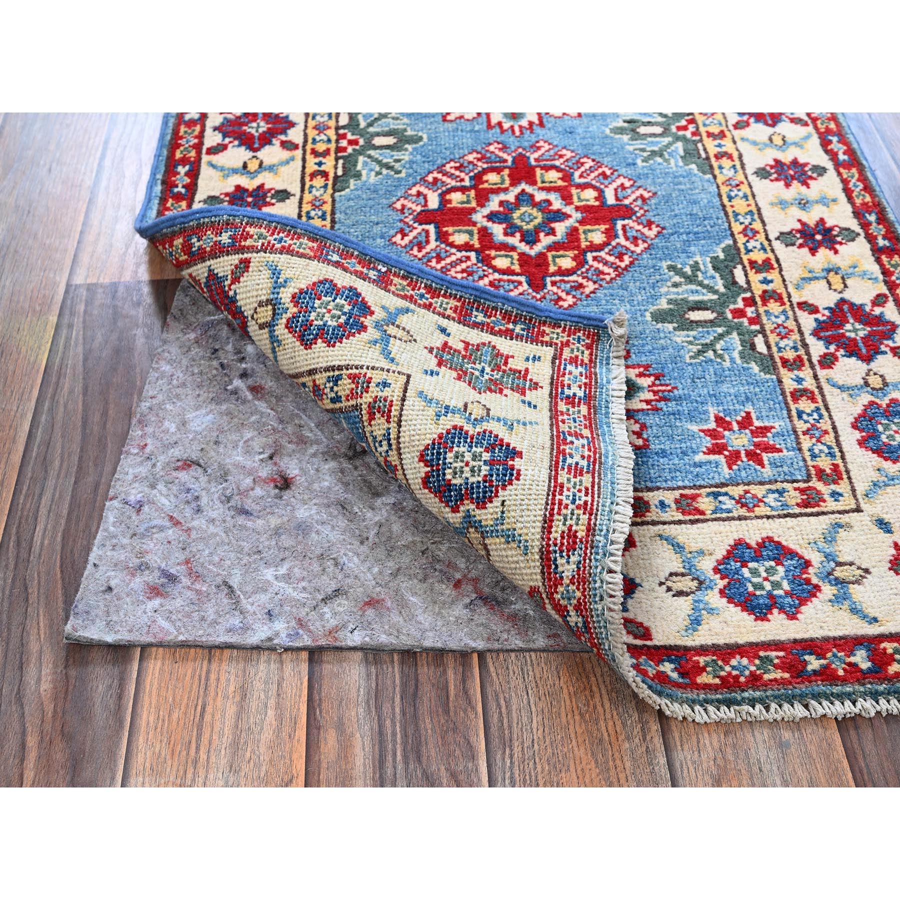 2'x3' Maya Blue, Kazak with Tribal Medallions Design, Hand Knotted, Vegetable Dyes, Soft Wool, Denser Weave, Sample, Mat, Oriental Rug Sh375