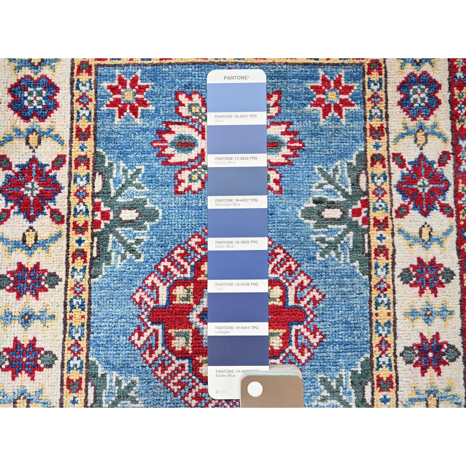 2'x3' Maya Blue, Kazak with Tribal Medallions Design, Hand Knotted, Vegetable Dyes, Soft Wool, Denser Weave, Sample, Mat, Oriental Rug Sh375