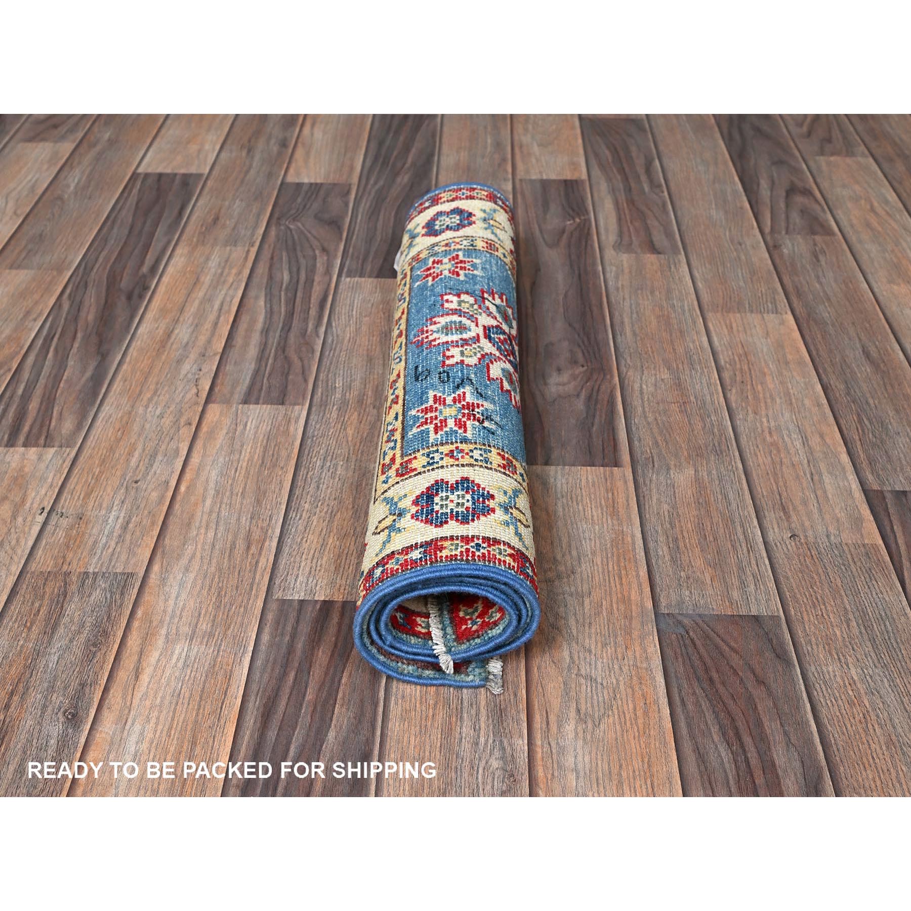 2'x3' Maya Blue, Kazak with Tribal Medallions Design, Hand Knotted, Vegetable Dyes, Soft Wool, Denser Weave, Sample, Mat, Oriental Rug Sh375