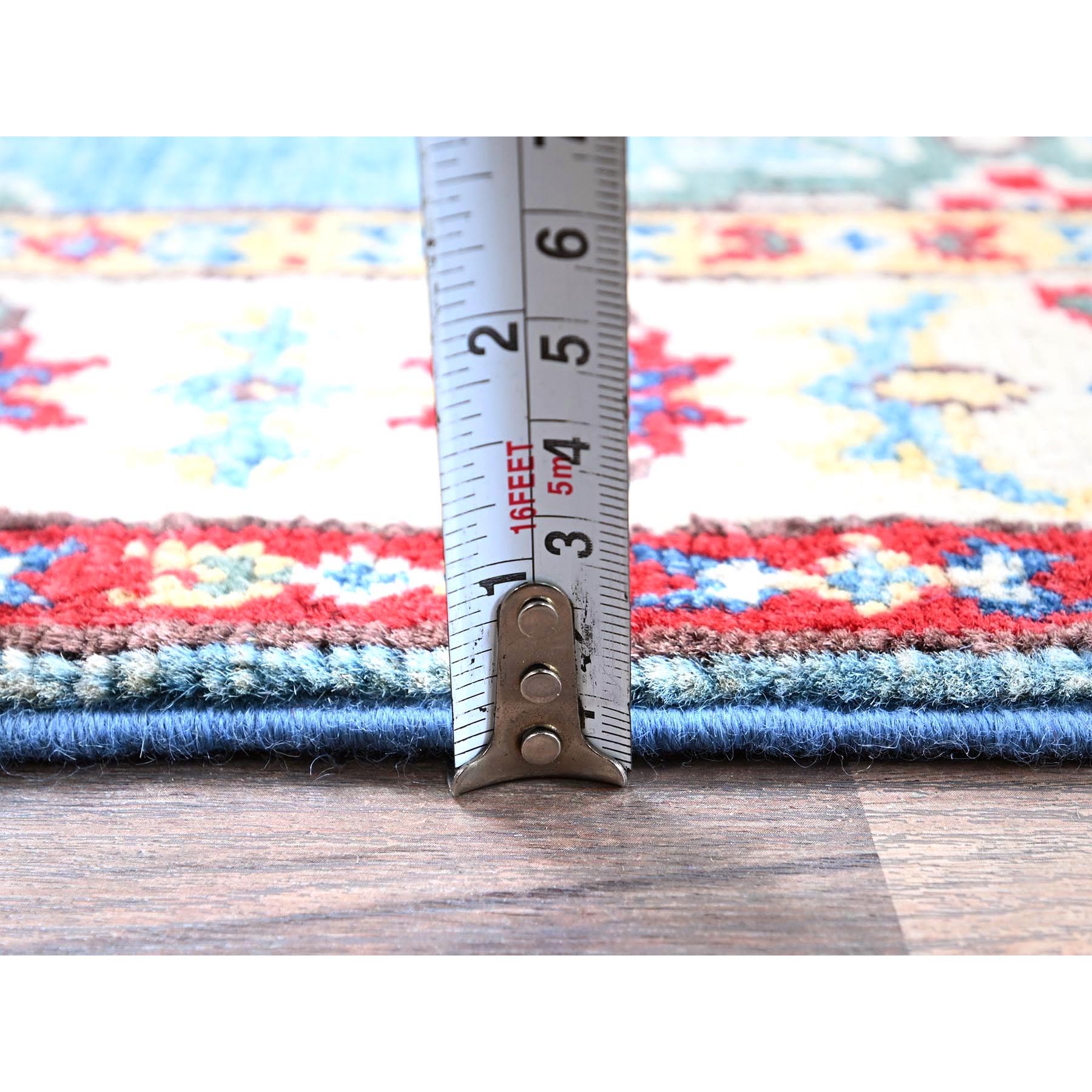 2'x3' Maya Blue, Kazak with Tribal Medallions Design, Hand Knotted, Vegetable Dyes, Soft Wool, Denser Weave, Sample, Mat, Oriental Rug Sh375
