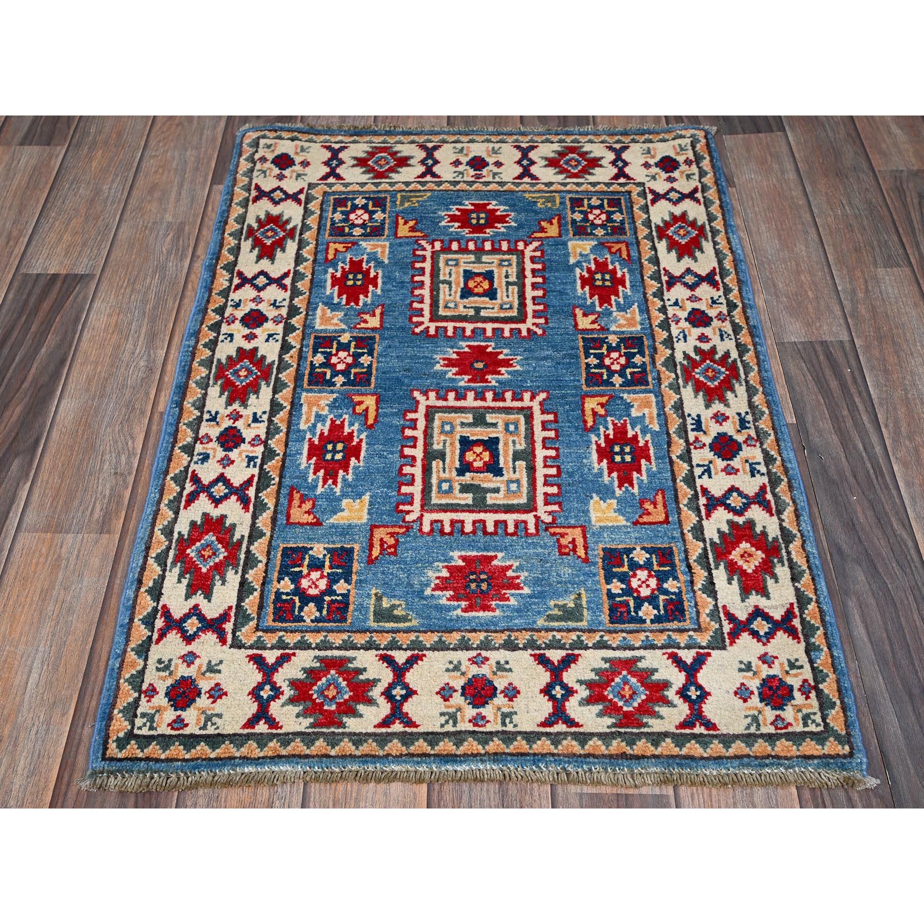 2'x3' Bayern Blue, Kazak with All Over Tribal Motifs, Hand Knotted, Soft Wool, Natural Dyes, Denser Weave, Mat, Sample, Oriental Rug Sh376