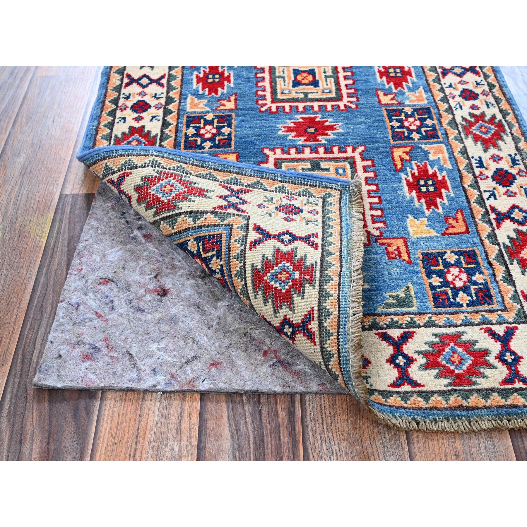 2'x3' Bayern Blue, Kazak with All Over Tribal Motifs, Hand Knotted, Soft Wool, Natural Dyes, Denser Weave, Mat, Sample, Oriental Rug Sh376