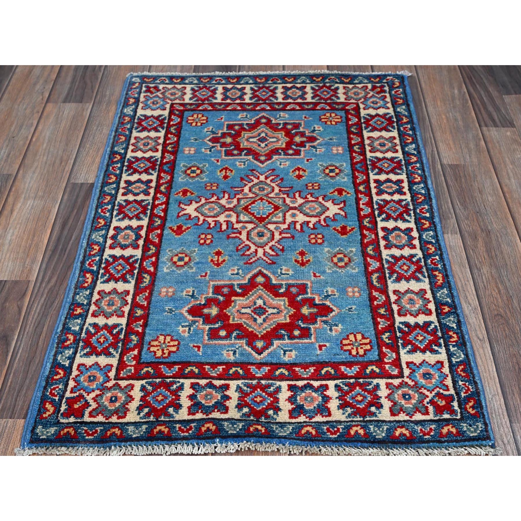 2'x2'10" Alaskan Blue, Kazak with Tribal Medallions Design, Vegetable Dyes, Soft Wool, Hand Knotted, Denser Weave, Sample, Mat, Oriental Rug Sh377