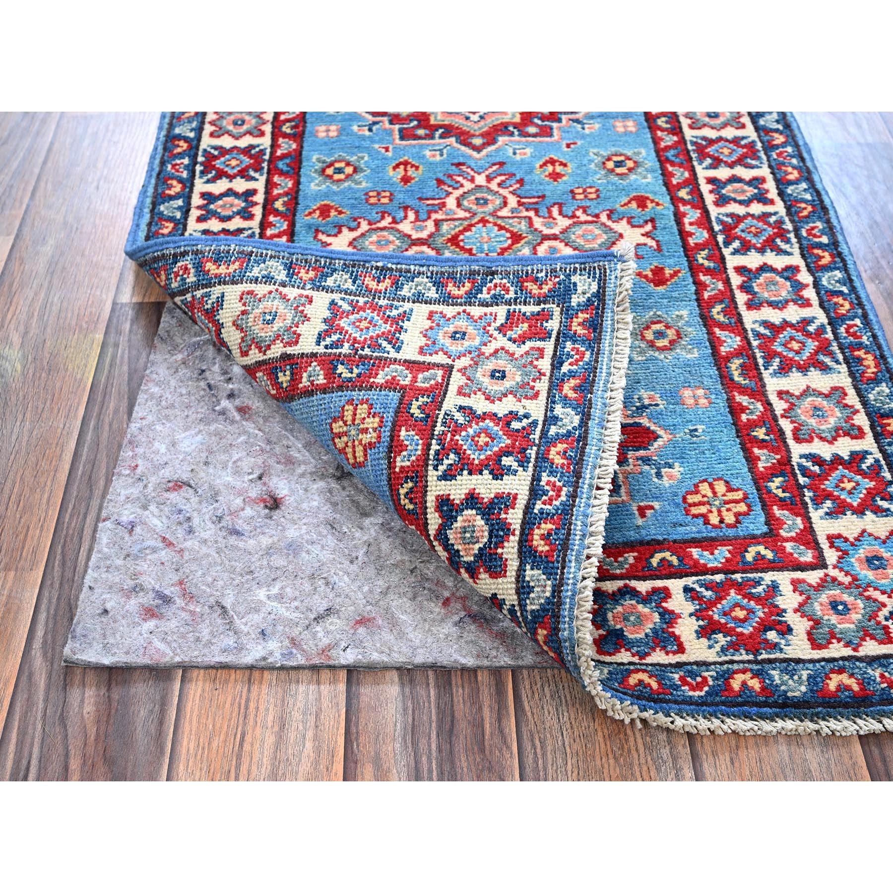 2'x2'10" Alaskan Blue, Kazak with Tribal Medallions Design, Vegetable Dyes, Soft Wool, Hand Knotted, Denser Weave, Sample, Mat, Oriental Rug Sh377