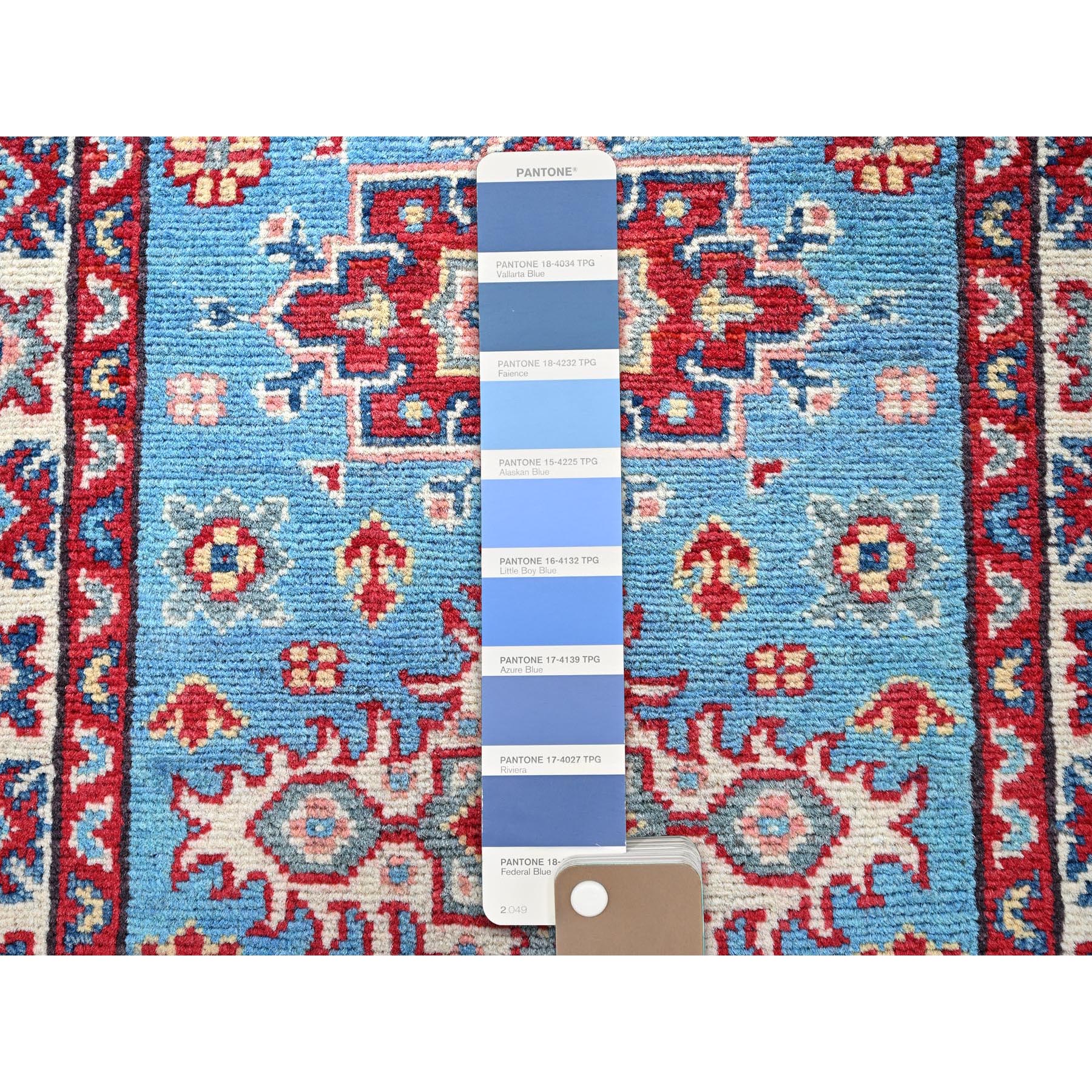 2'x2'10" Alaskan Blue, Kazak with Tribal Medallions Design, Vegetable Dyes, Soft Wool, Hand Knotted, Denser Weave, Sample, Mat, Oriental Rug Sh377