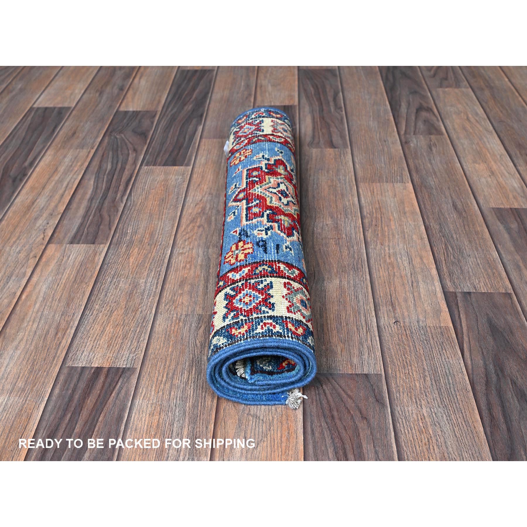 2'x2'10" Alaskan Blue, Kazak with Tribal Medallions Design, Vegetable Dyes, Soft Wool, Hand Knotted, Denser Weave, Sample, Mat, Oriental Rug Sh377