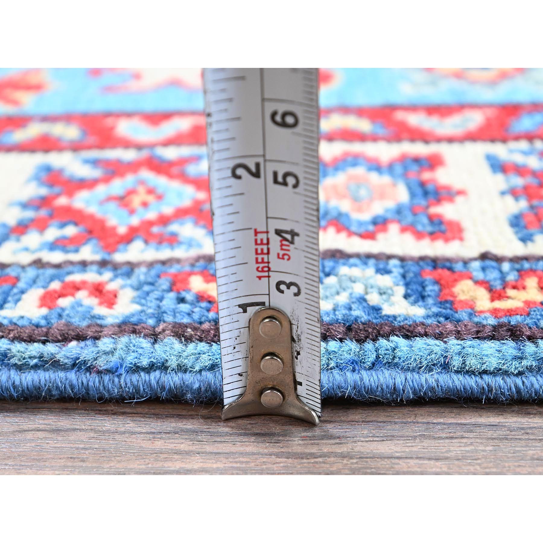 2'x2'10" Alaskan Blue, Kazak with Tribal Medallions Design, Vegetable Dyes, Soft Wool, Hand Knotted, Denser Weave, Sample, Mat, Oriental Rug Sh377