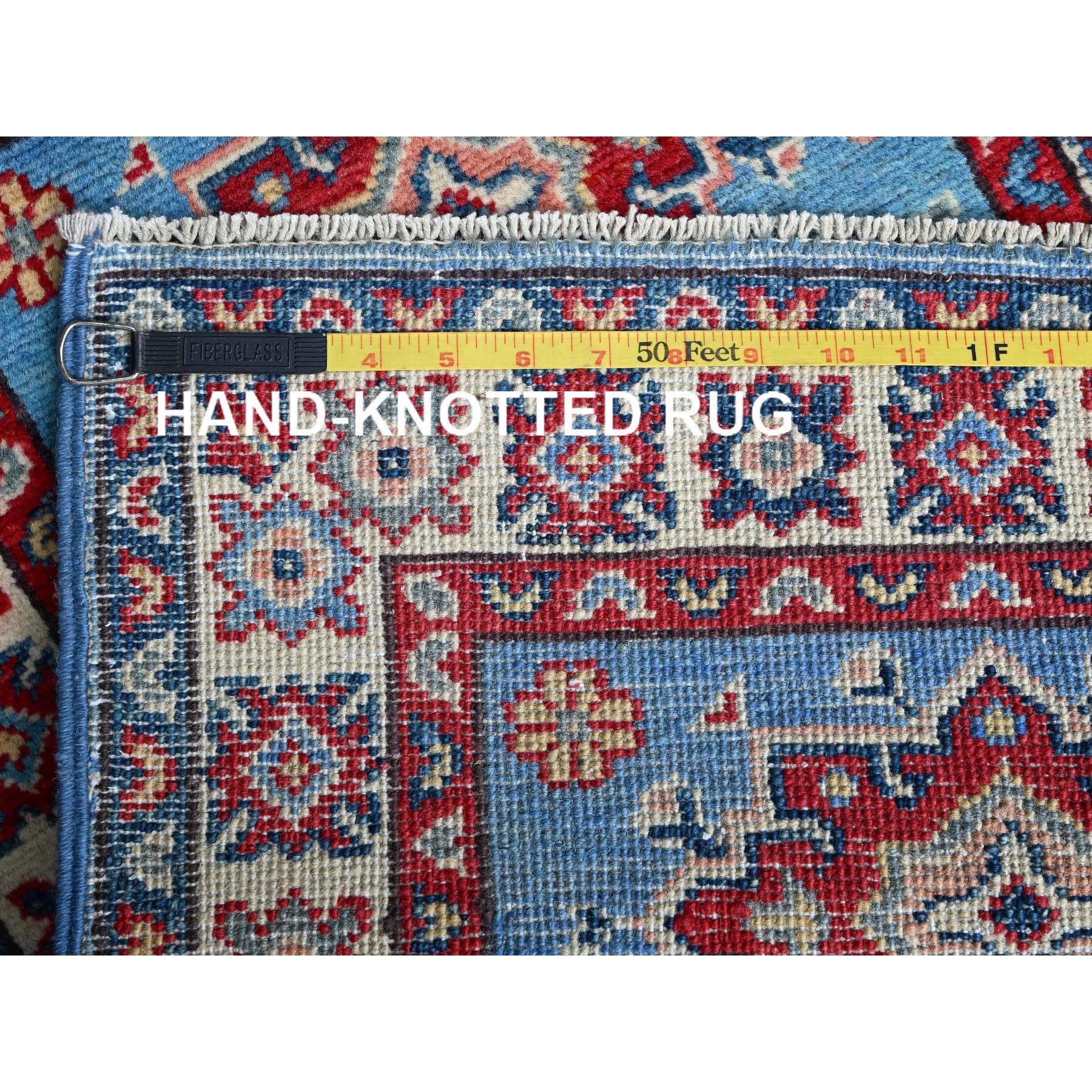 2'x2'10" Alaskan Blue, Kazak with Tribal Medallions Design, Vegetable Dyes, Soft Wool, Hand Knotted, Denser Weave, Sample, Mat, Oriental Rug Sh377