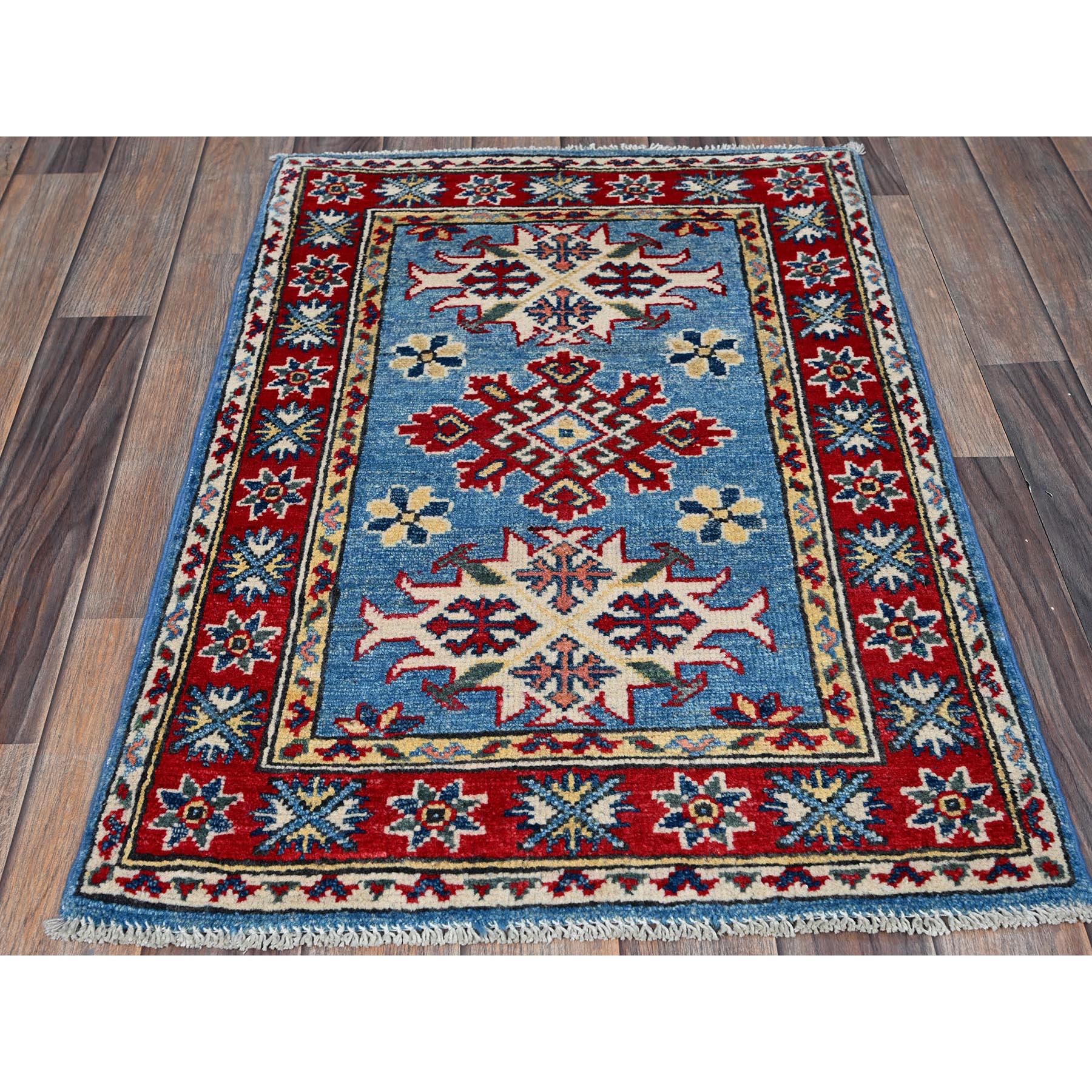 2'1"x3' Maya Blue, Kazak with Tribal Medallions Design, Vegetable Dyes, Hand Knotted, Soft Wool, Denser Weave, Sample, Mat, Oriental Rug Sh379