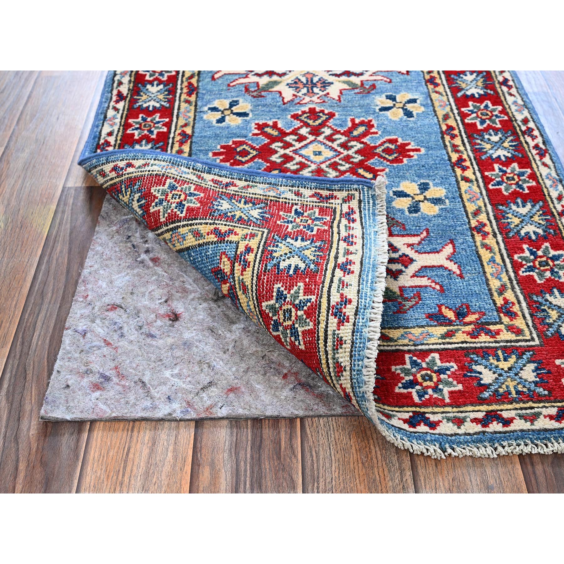 2'1"x3' Maya Blue, Kazak with Tribal Medallions Design, Vegetable Dyes, Hand Knotted, Soft Wool, Denser Weave, Sample, Mat, Oriental Rug Sh379