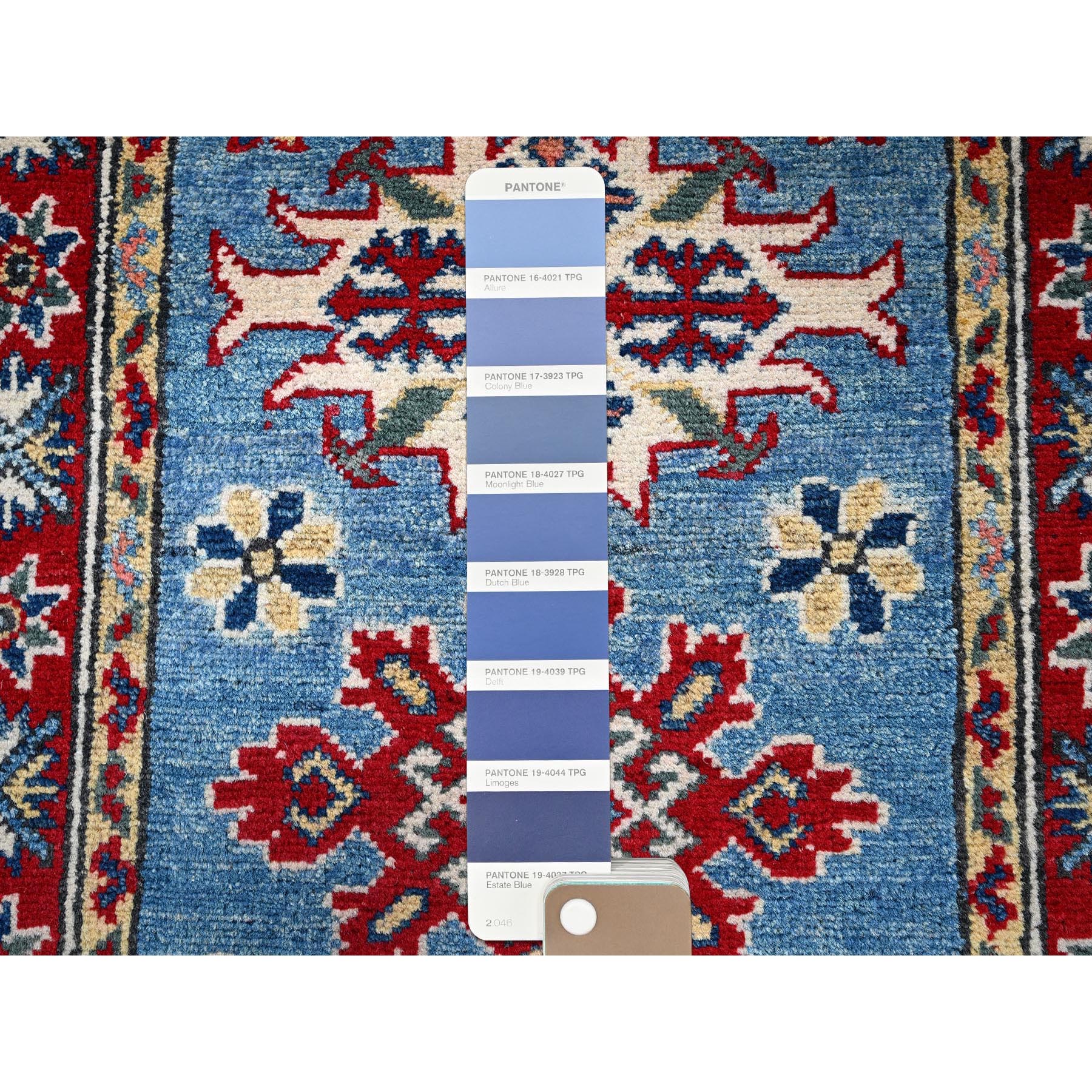 2'1"x3' Maya Blue, Kazak with Tribal Medallions Design, Vegetable Dyes, Hand Knotted, Soft Wool, Denser Weave, Sample, Mat, Oriental Rug Sh379