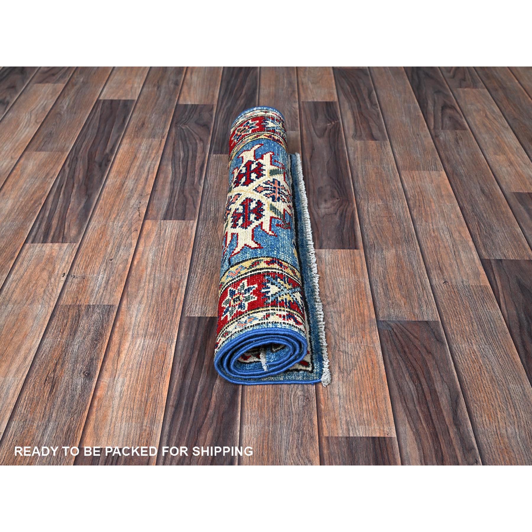 2'1"x3' Maya Blue, Kazak with Tribal Medallions Design, Vegetable Dyes, Hand Knotted, Soft Wool, Denser Weave, Sample, Mat, Oriental Rug Sh379