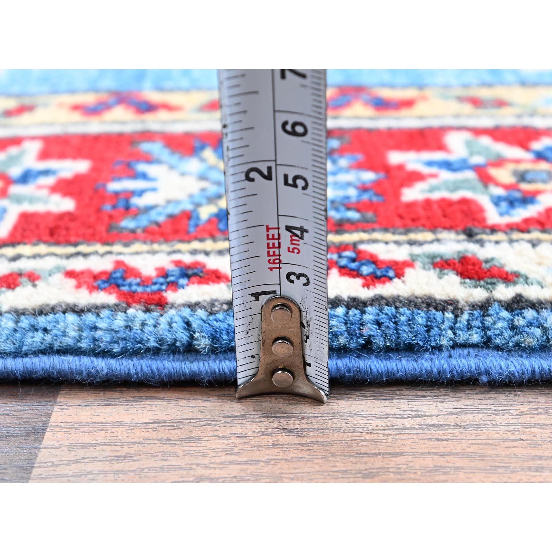 2'1"x3' Maya Blue, Kazak with Tribal Medallions Design, Vegetable Dyes, Hand Knotted, Soft Wool, Denser Weave, Sample, Mat, Oriental Rug Sh379