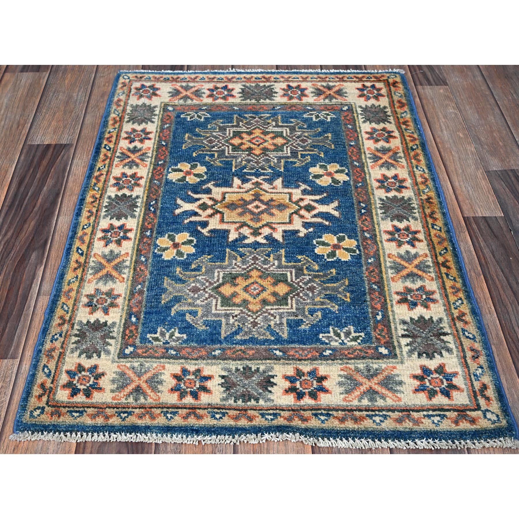 2'1"x2'9" Imperial Blue, Hand Knotted, Kazak with Tribal Medallions Design, Vegetable Dyes, Soft Wool, Denser Weave, Sample, Mat, Oriental Rug Sh380