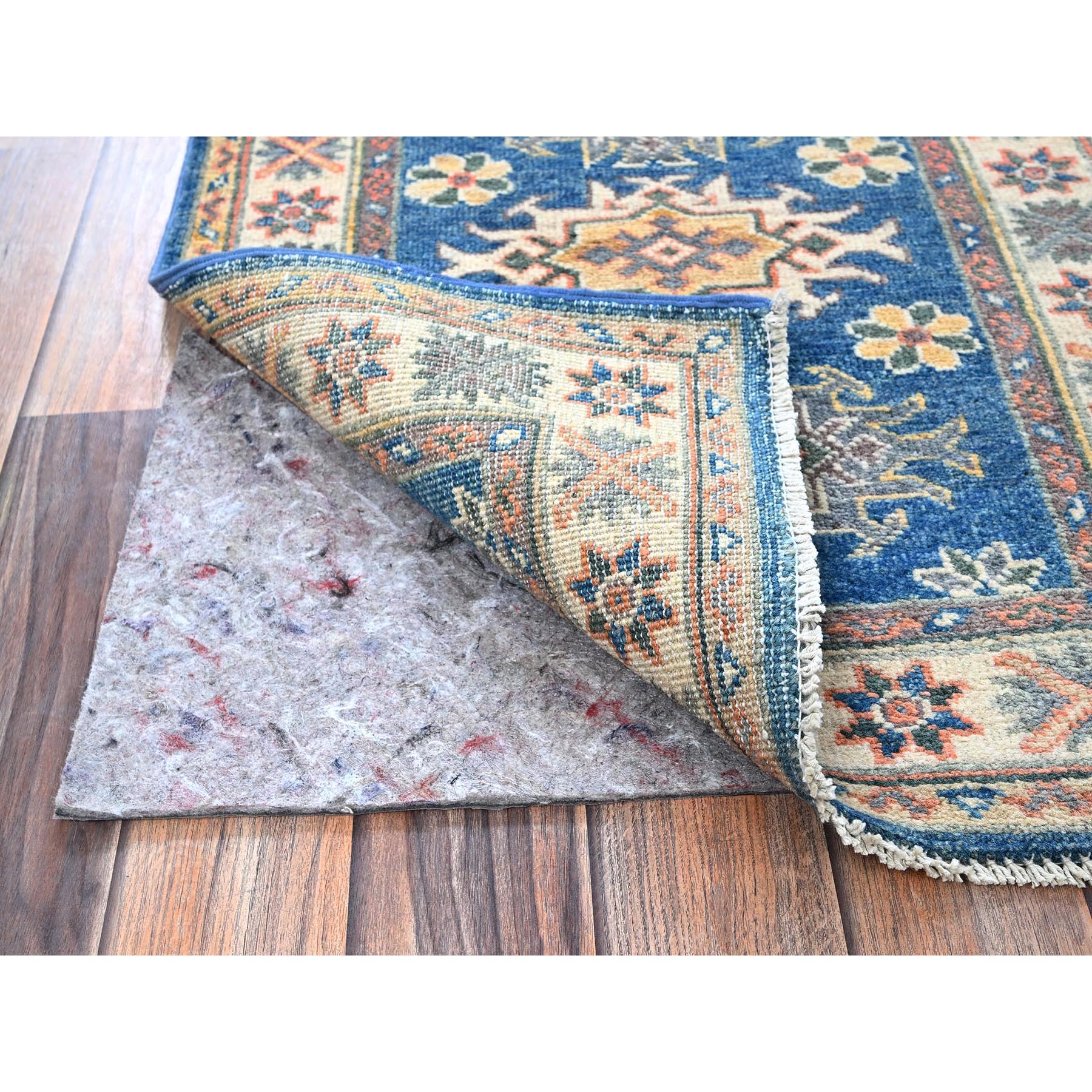 2'1"x2'9" Imperial Blue, Hand Knotted, Kazak with Tribal Medallions Design, Vegetable Dyes, Soft Wool, Denser Weave, Sample, Mat, Oriental Rug Sh380