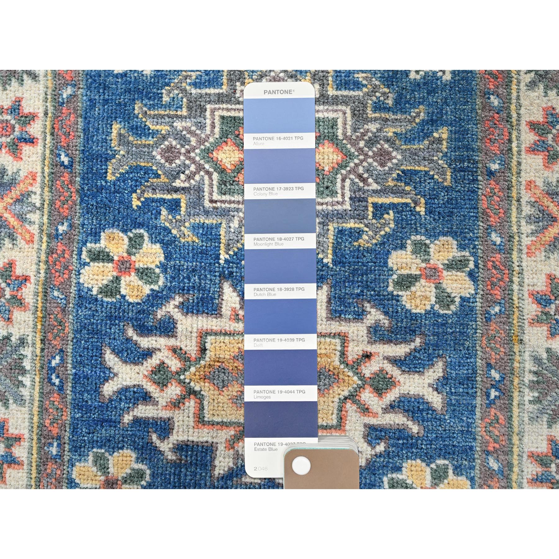 2'1"x2'9" Imperial Blue, Hand Knotted, Kazak with Tribal Medallions Design, Vegetable Dyes, Soft Wool, Denser Weave, Sample, Mat, Oriental Rug Sh380