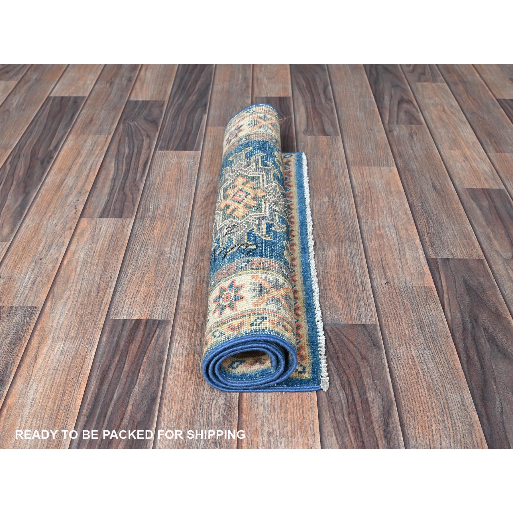 2'1"x2'9" Imperial Blue, Hand Knotted, Kazak with Tribal Medallions Design, Vegetable Dyes, Soft Wool, Denser Weave, Sample, Mat, Oriental Rug Sh380