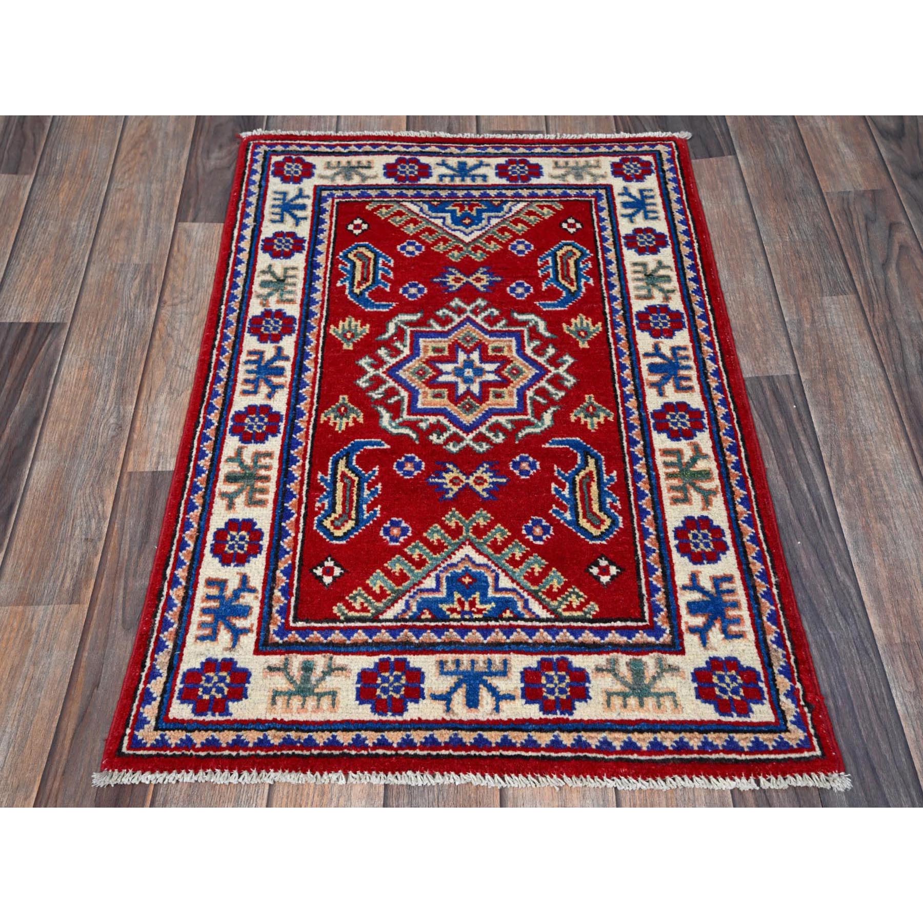 2'x3' Imperial Red, Kazak with Geometric Medallion Design, Vegetable Dyes, Hand Knotted, Soft and Vibrant Wool, Denser Weave, Sample, Mat, Oriental Rug Sh382