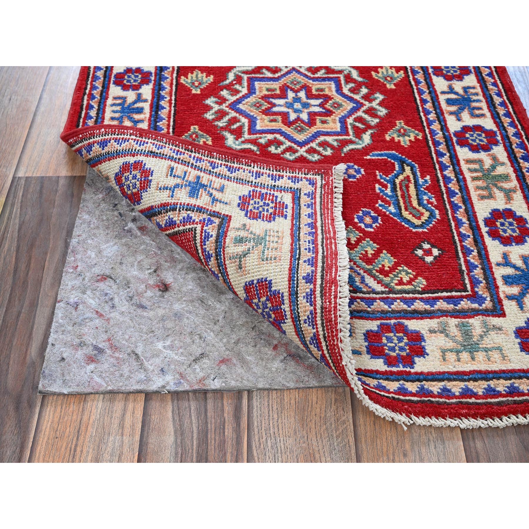 2'x3' Imperial Red, Kazak with Geometric Medallion Design, Vegetable Dyes, Hand Knotted, Soft and Vibrant Wool, Denser Weave, Sample, Mat, Oriental Rug Sh382
