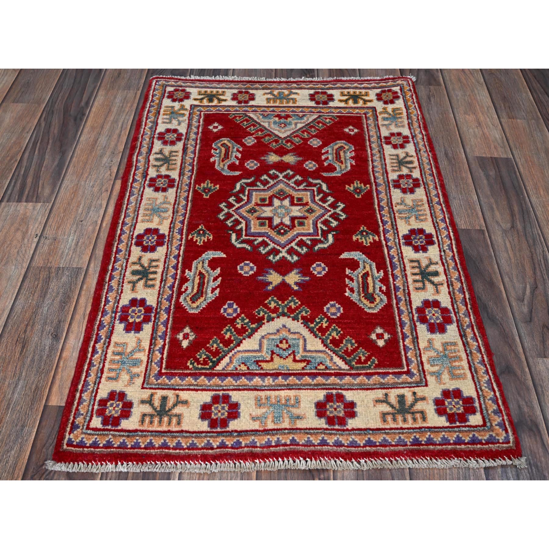 2'x3' Crimson Red, Kazak with Geometric Medallion Design, Vegetable Dyes, Soft Wool, Hand Knotted, Denser Weave, Sample, Mat, Oriental Rug Sh383